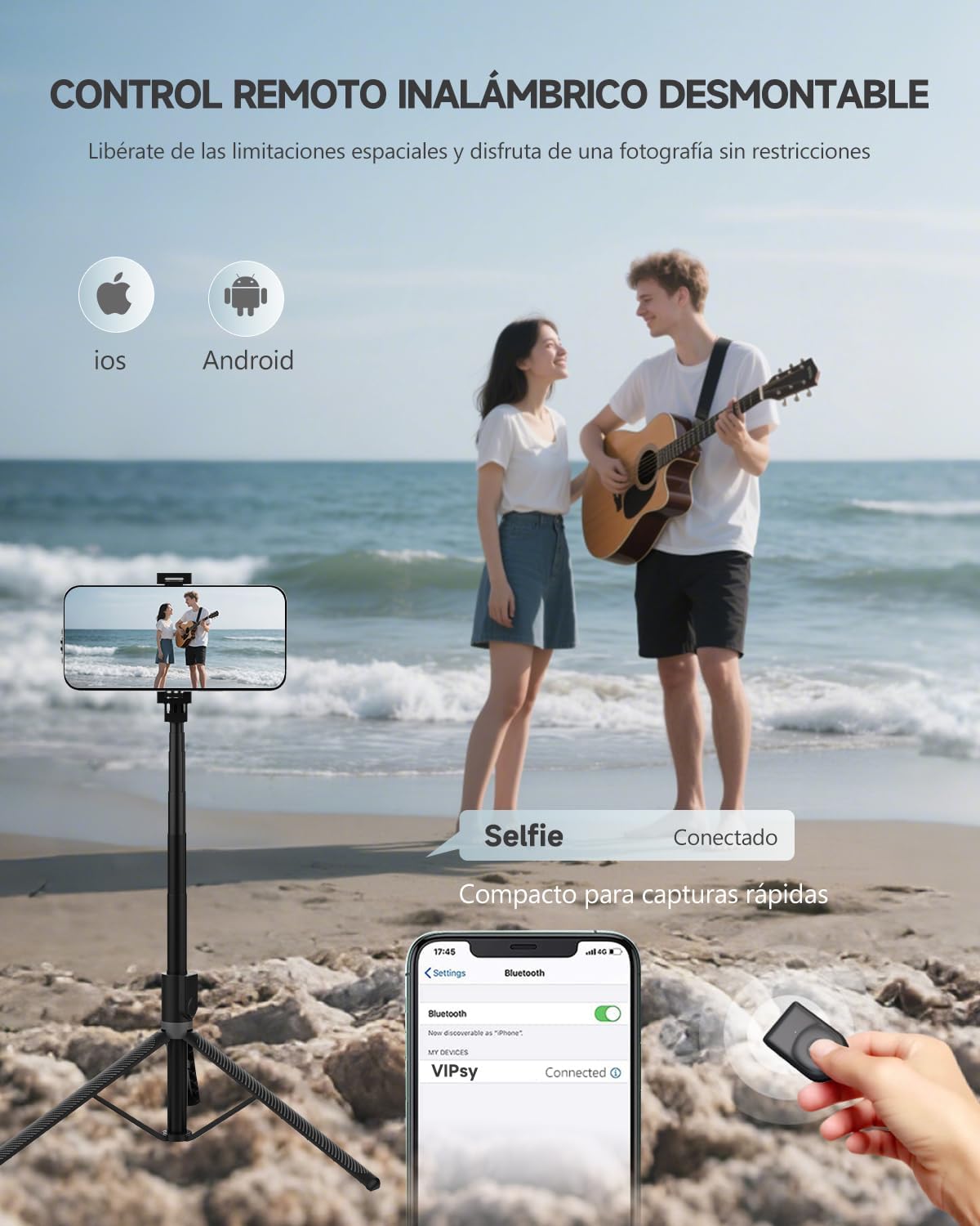 180cm Tripode para Movil & Palo Selfie – Tripode Movil Extensible Portátil con Mando Inalámbrico, Compatible con iPhone/Samsung/GoPro/Cámaras 5