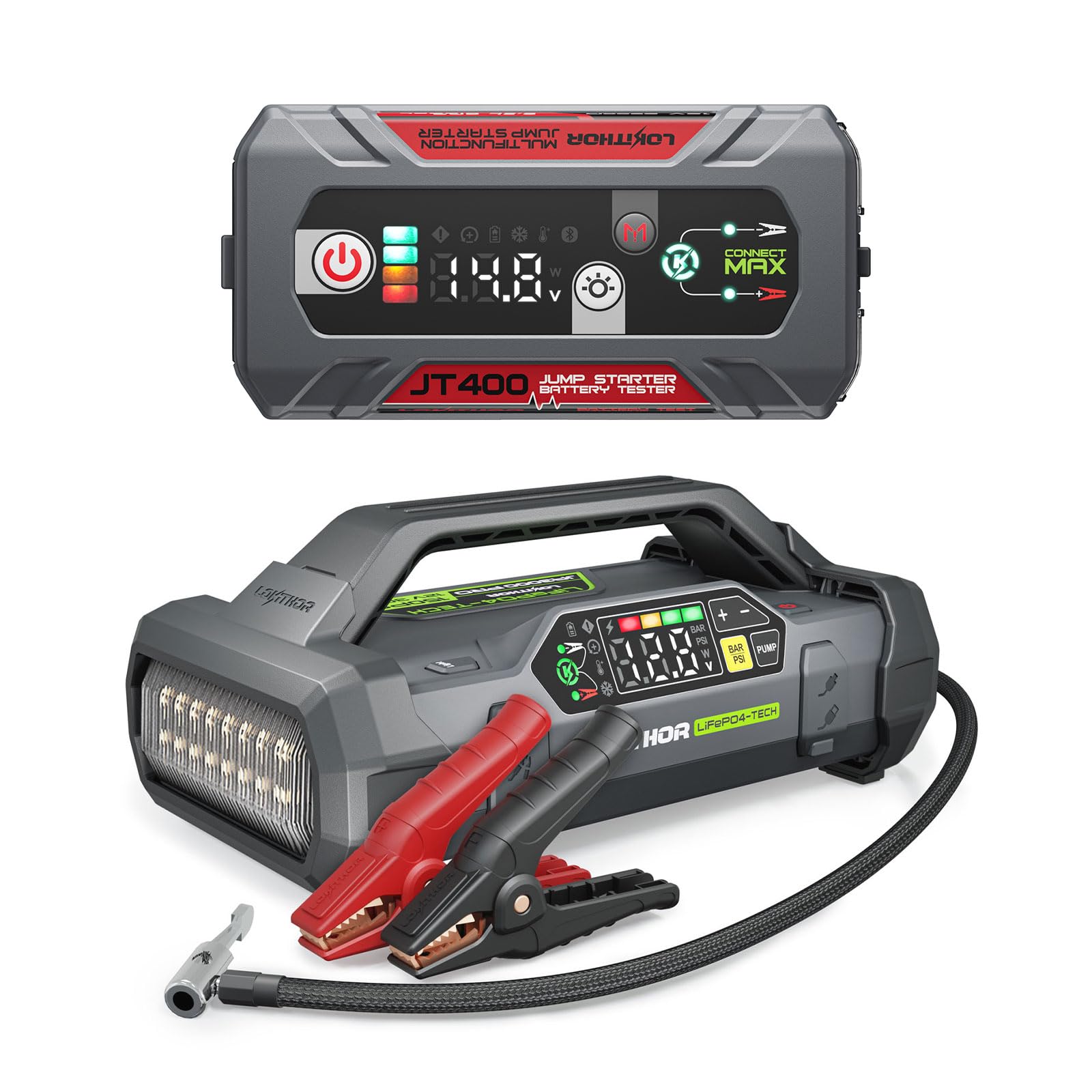LOKITHOR JT400 2500A Jump Starter and JA3000 PRO 3000A Jump Starter with Air Compressor 60W Two-Way Fast Charing