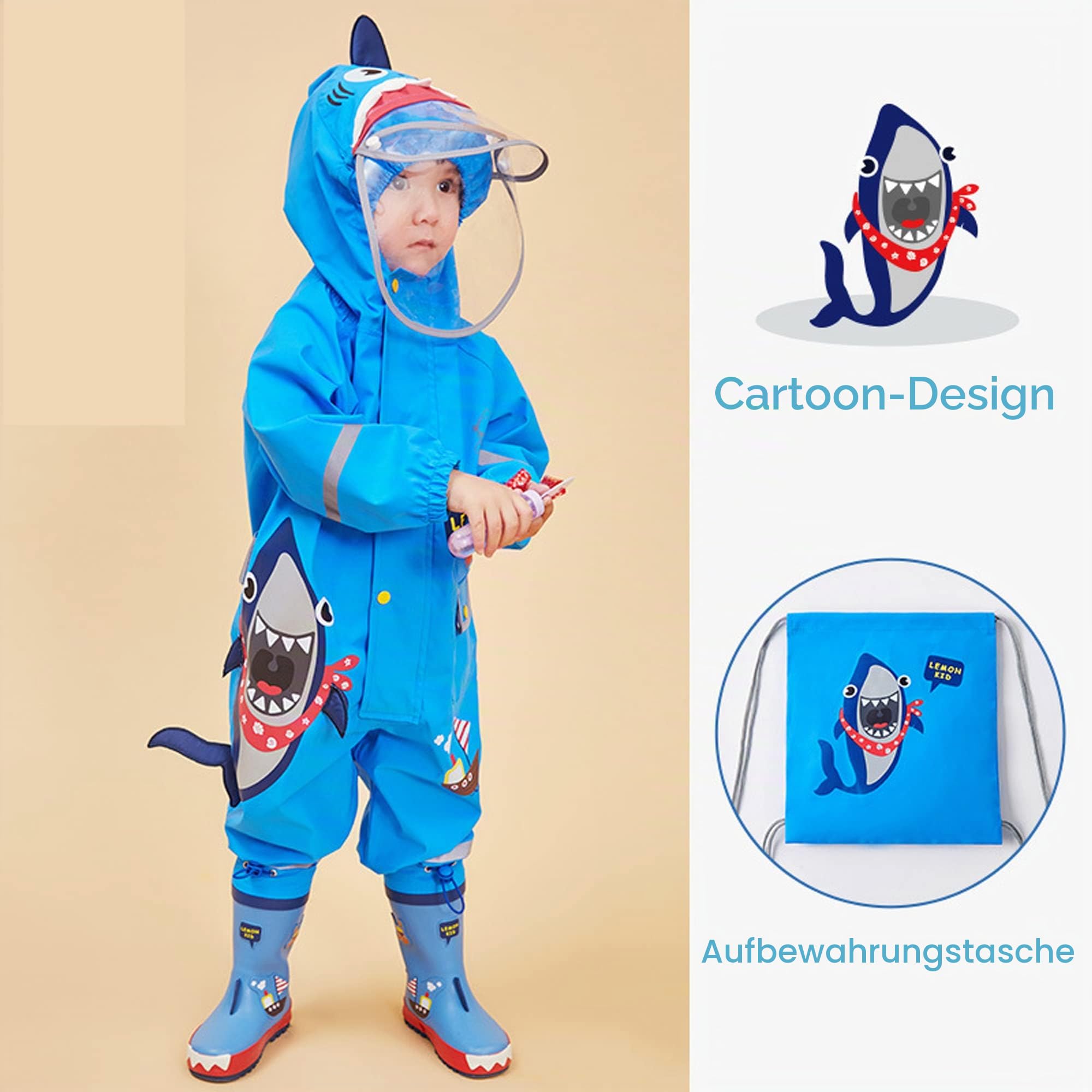 Fewlby Regenanzug Kinder, Regenjacke Einteilig Regenmantel mit Kapuze Regenponcho Jungen Mädchen Wasserdicht Regen Overall Outdoor Regenkleidung, S 1-3 Jahre