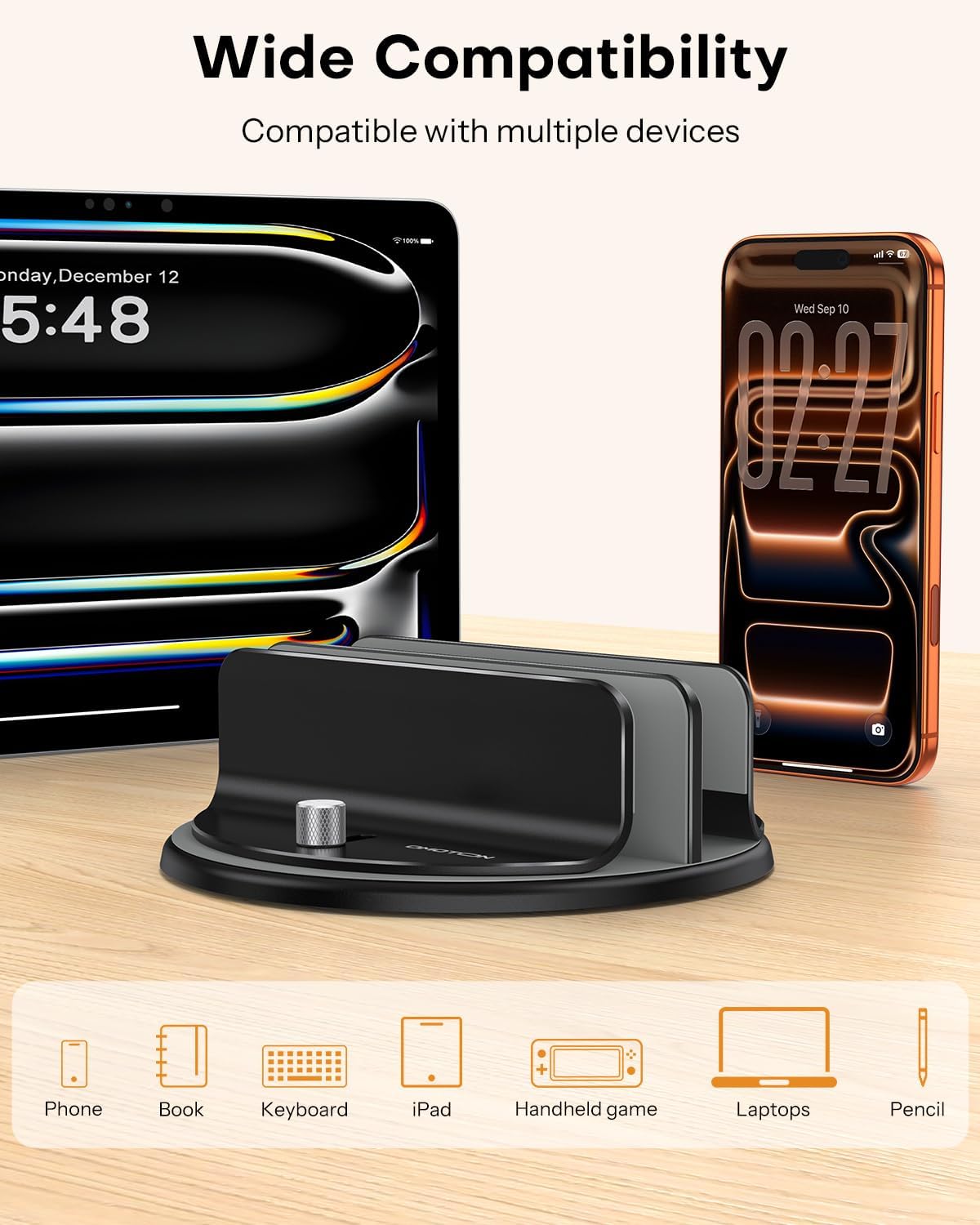 OMOTON VL04 360° Rotating Vertical Laptop Stand Holder, Aluminum Dual-Slot Desk Organizer for MacBook & iPad, Sides Knob Adjustment (No Lost Screws), Holds Laptop, Tablet & Keyboard, Fits up to 17.3"