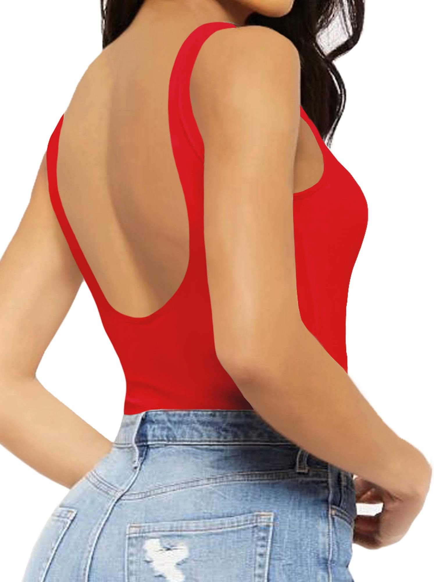 Sleeveless T shirt Backless Tank Tops Bodysuit (Red, X-Small)