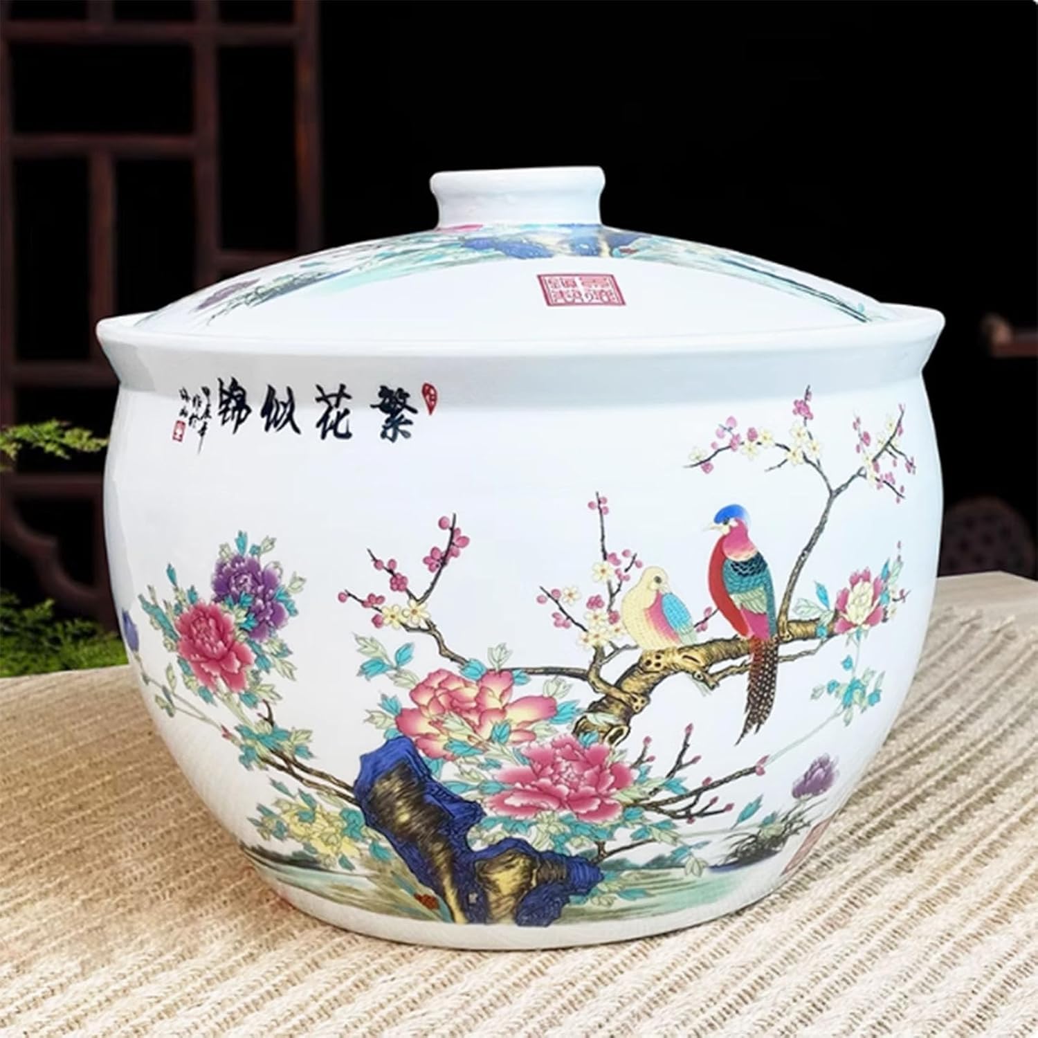 MESCXTY Ceramic Rice Jar with Lid, Household Bucket, Grain Dispenser Food Storage Jar, Container(G,10KG)