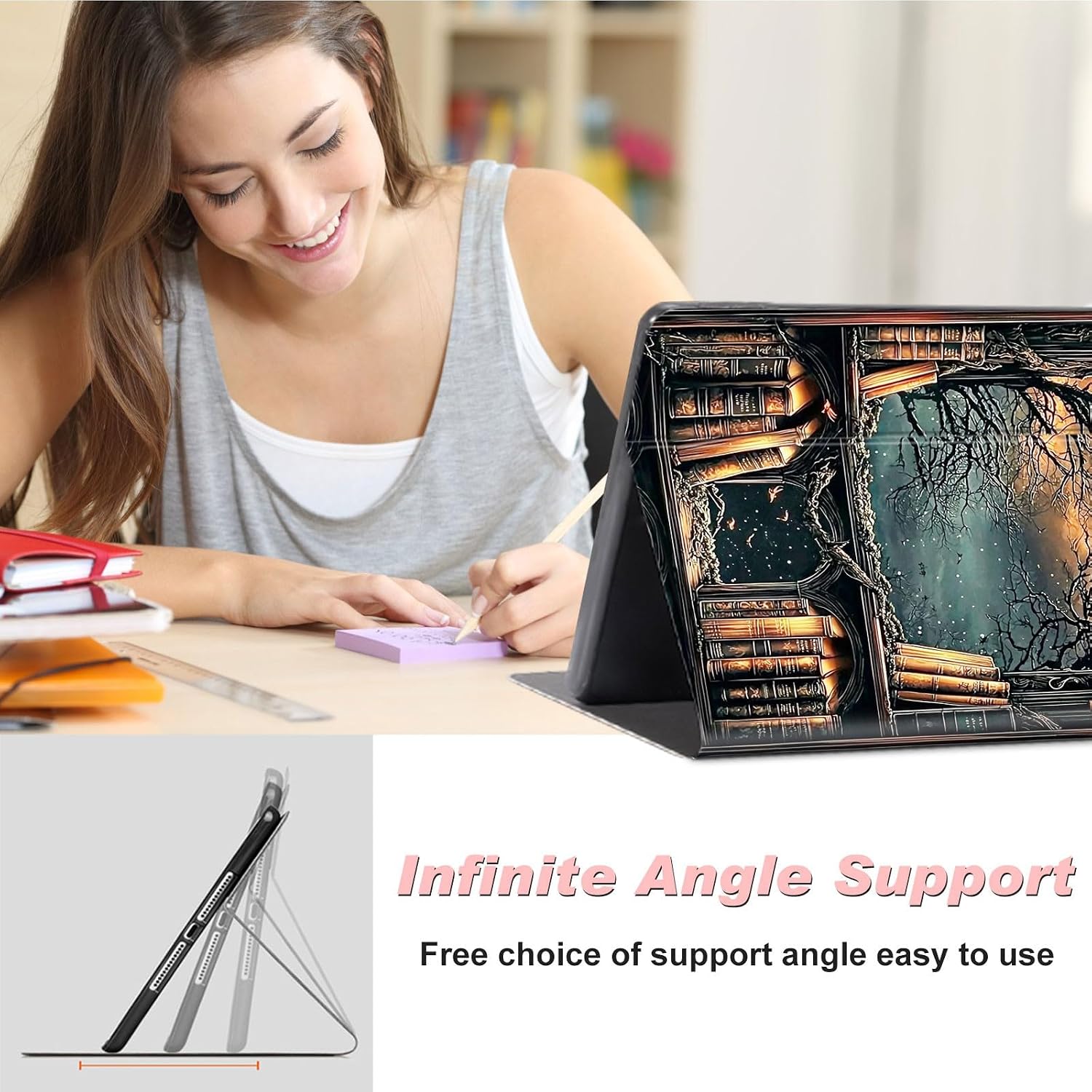 Tablet case folded into a stand for viewing