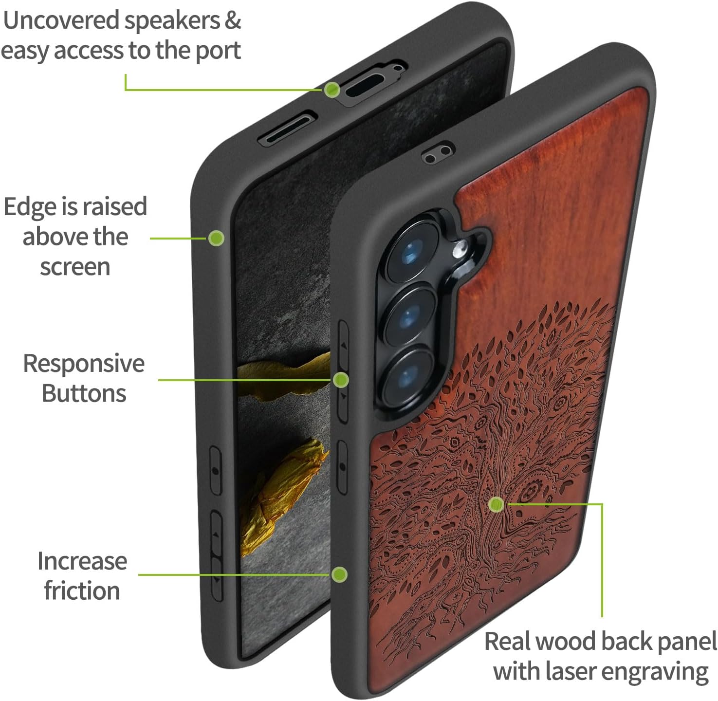 Carveit Wood Case for Galaxy S24 Case [Natural Wood & Black Soft TPU] Shockproof Protective Cover Unique Wooden Design Compatible with Samsung S24 (The Line Art Tree of Life-Rosy)