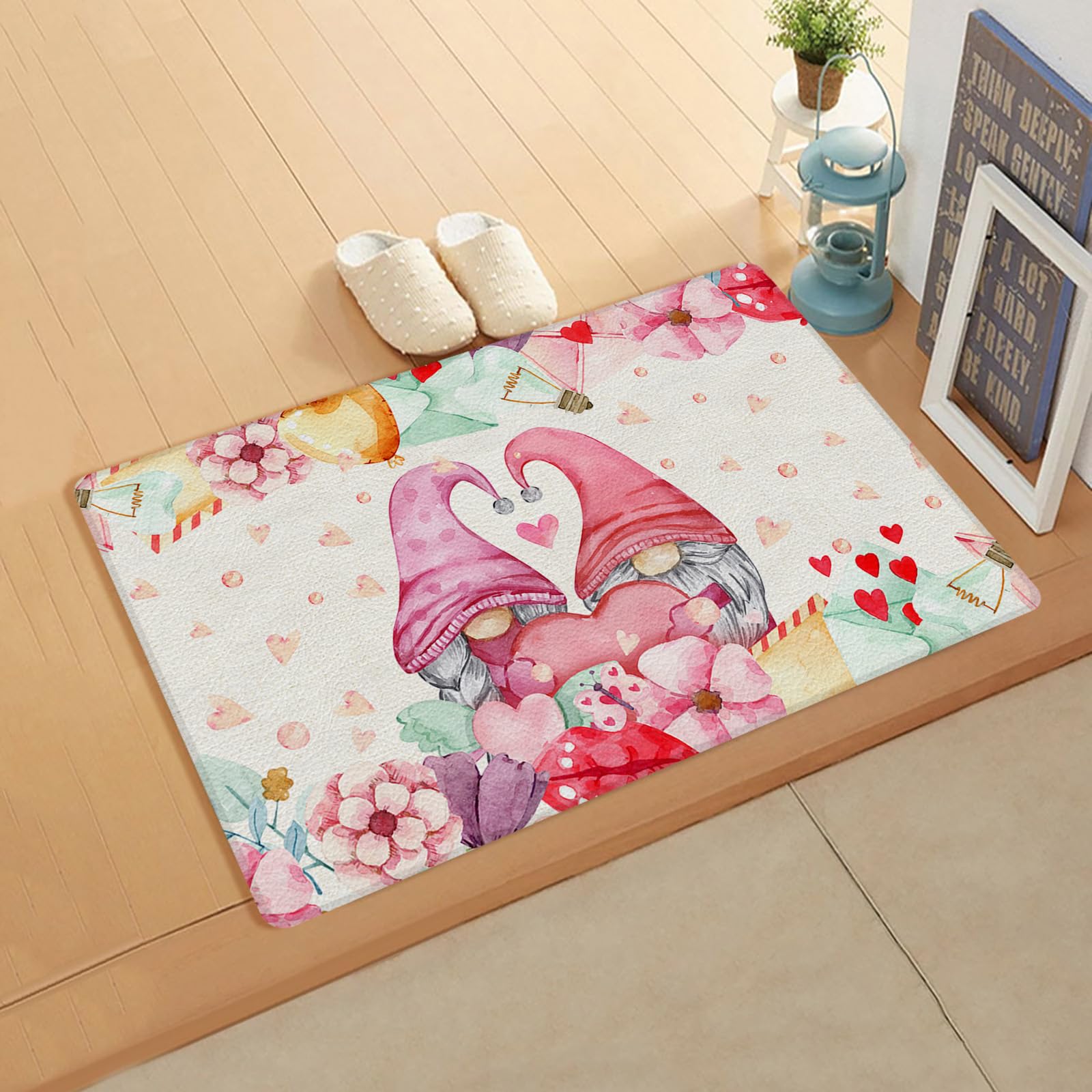 Heart Gnomes Kitchen Bath Door Mat Cushioned Runner Rug,Washable Welcome Floor Sink Antifatigue Mat,Waterproof & Non-Slip Comfort Standing Doormat for Kitchen,Valentine's Day Love Word Flower 18