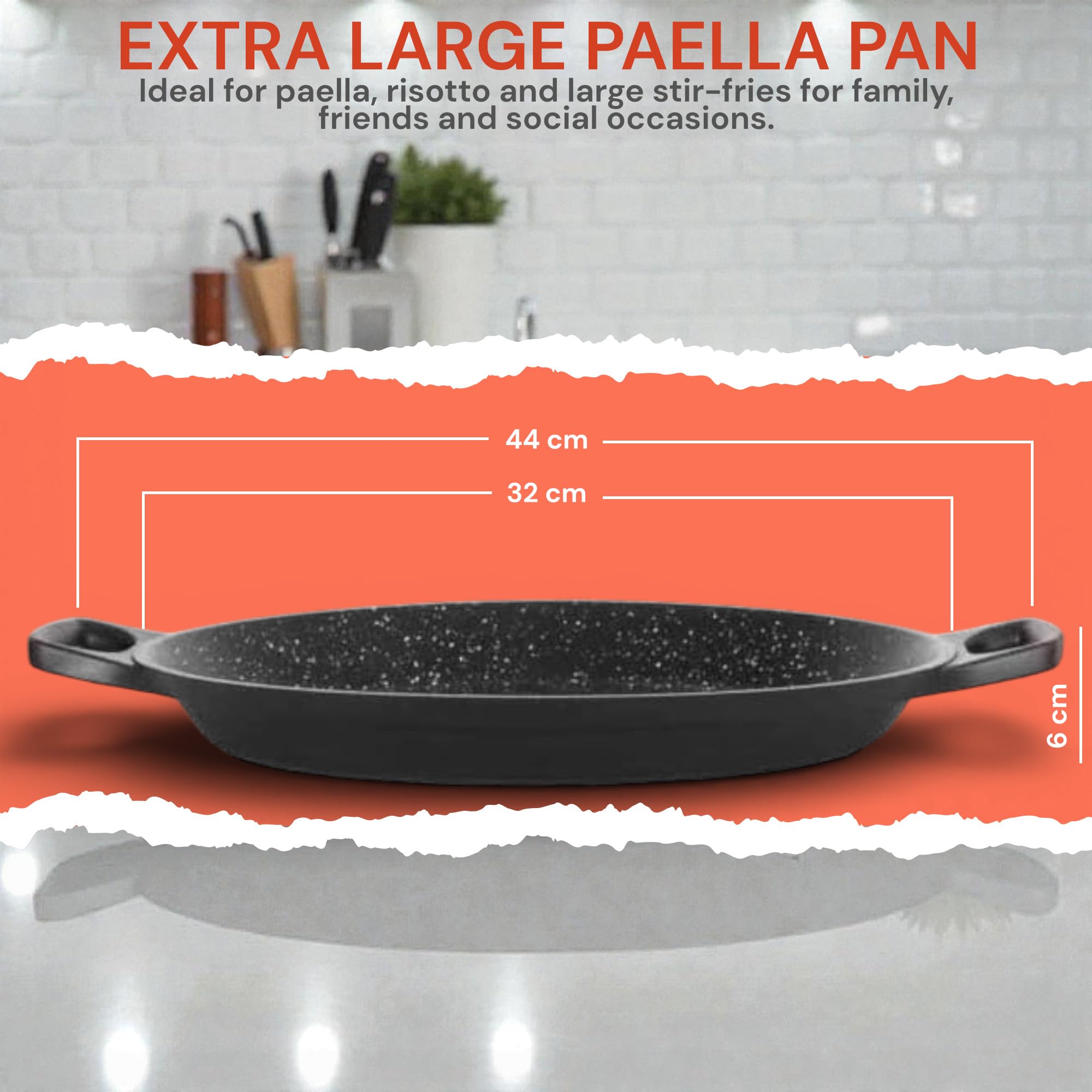 Royal Swiss - Paella antiadherente de mármol, 32 cm, negro con asas rojas