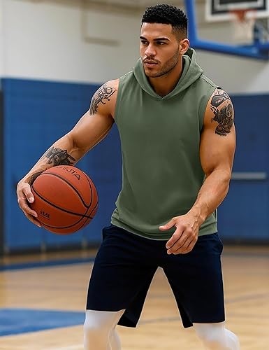Vista 2 de MAGCOMSEN Camiseta sin mangas con capucha para hombre, de algodón, camiseta de verano casual, camiseta de entrenamiento