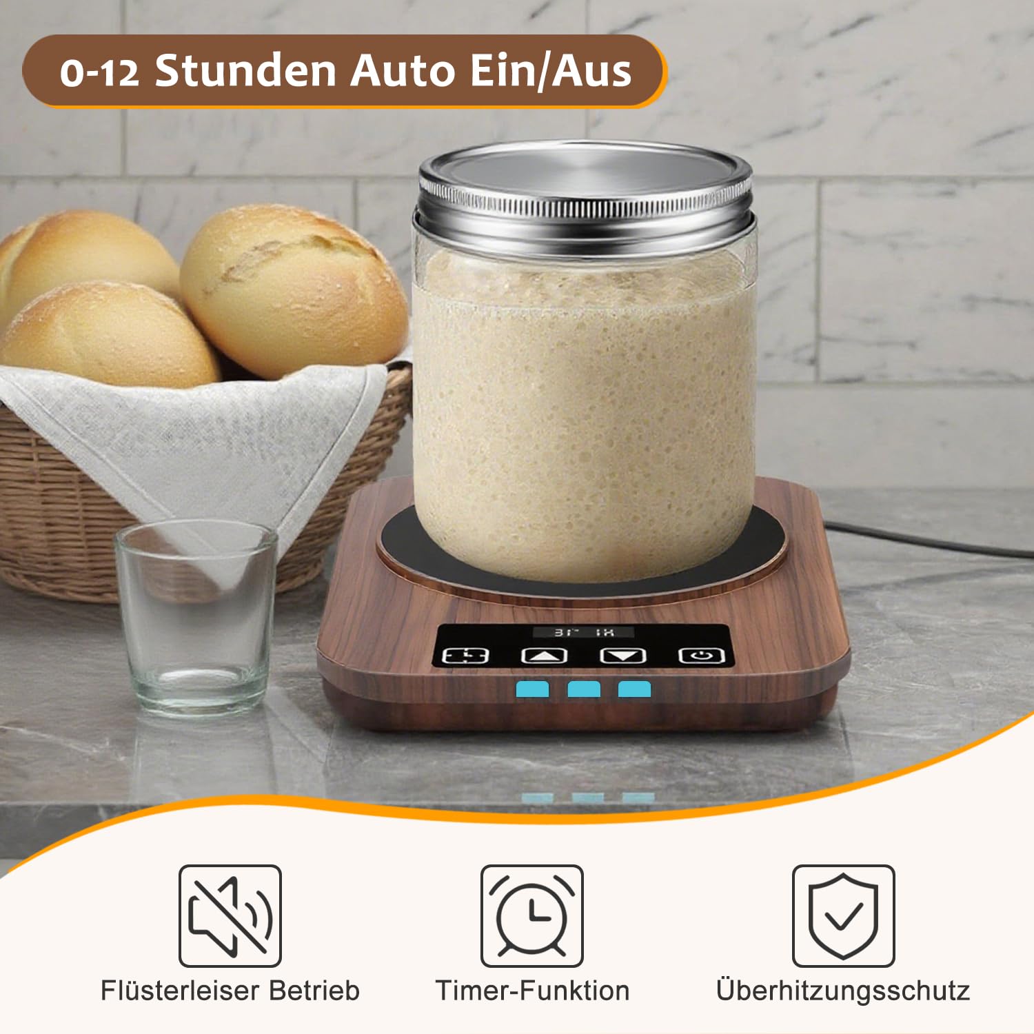 Sauerteigstarterwärmer Wärmeplatte Präzise 1℃ Thermostat 12H Timer Automatische Ein/Aus-Funktion Brotbacken Fermentation