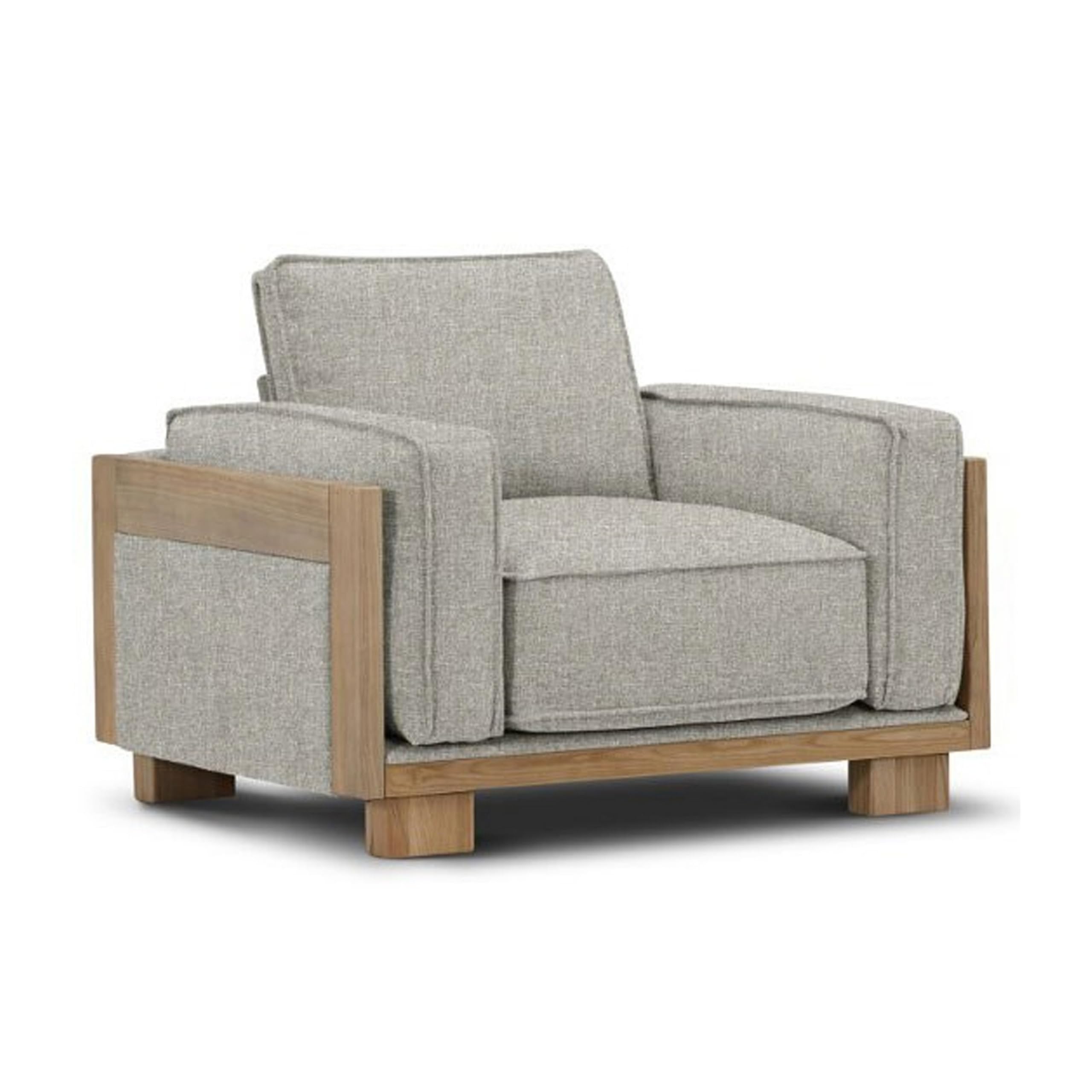 Benjara Denu Accent Chair, Loose Pillow Backs, Track Arms, Plush, Light Gray and Natural Brown