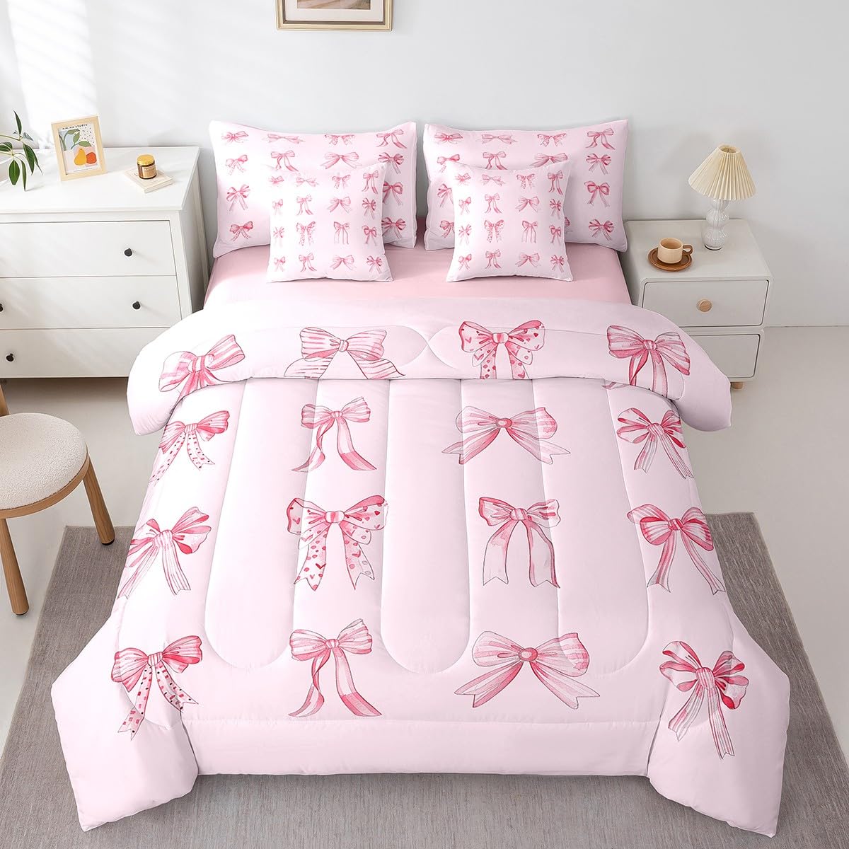 Spannbettlaken-Set Für Mädchen – Rosa Mit Schleife & Glitzer, Polyester-Mikrofaser, Inkl. Kissenbezug, Verschiedene Größen