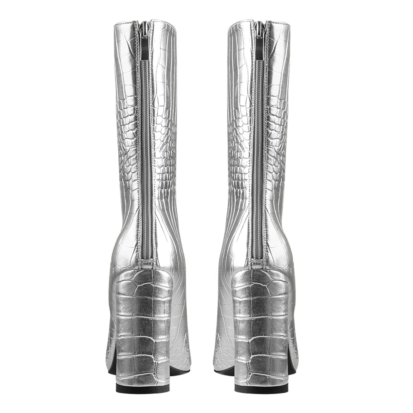 LISHAN Women's Snakeskin Chunky 4in Heel Crocodile Pull On Mid Calf Boots