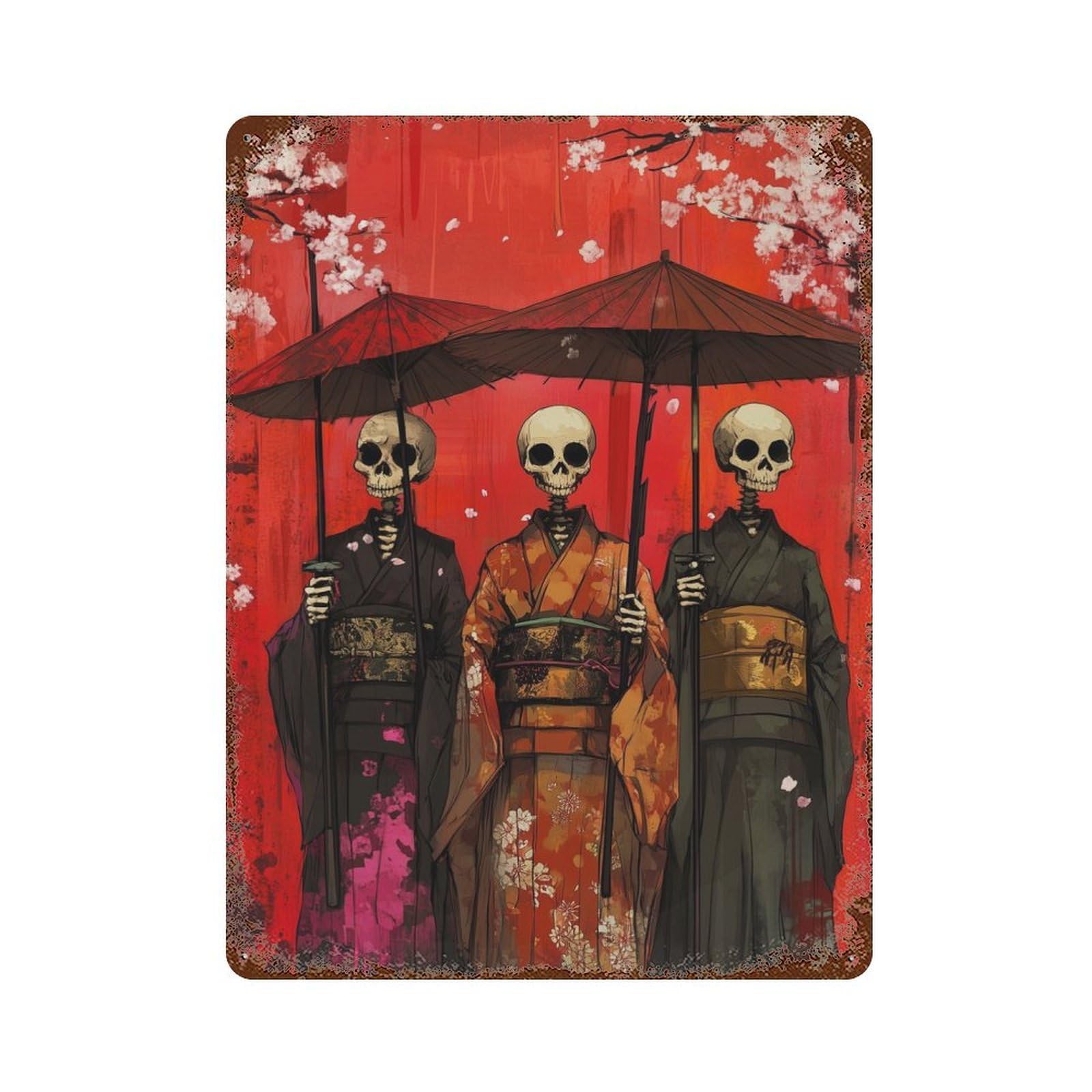 Skeletal Geishas Aged Metal Wall Plaque 15.7"x11.8", for Living Room, Hallway And Home Decor, Shabby Chic Decor