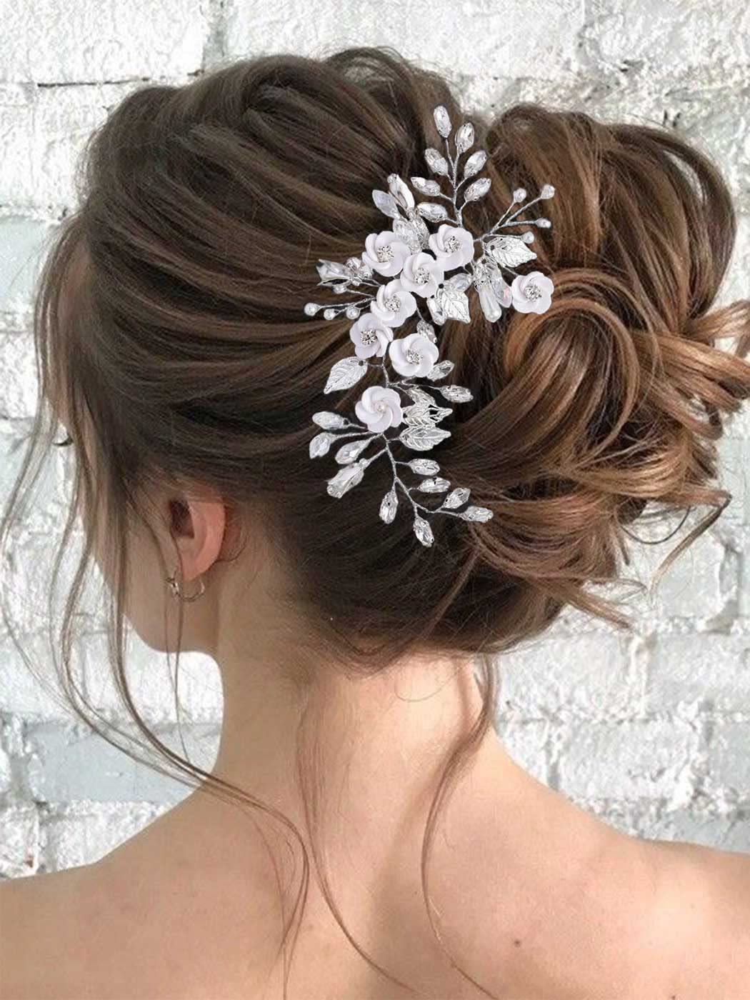 Pieza de pelo de flores de vid plateada, accesorios florales para novias y mujeres (A-Sliver)
