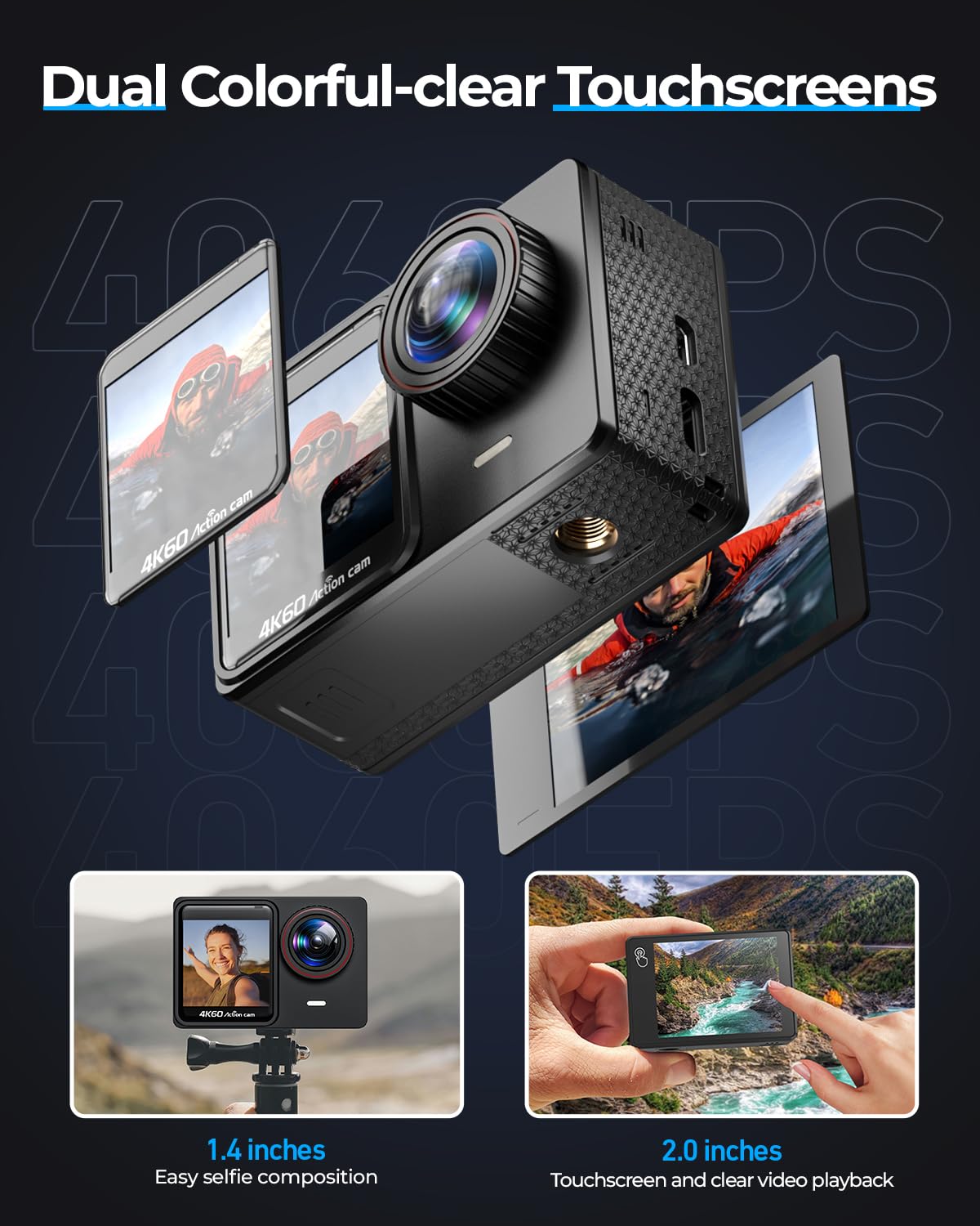 4K/60FPS Action Cam con 64GB SD Card, 8X Zoom 24MP Fotocamera Subacquea 131FT Fotocamere Impermeabili Sportive Cam con Telecomando 2 * 1350mAh Batterie Kit Accessori Casco