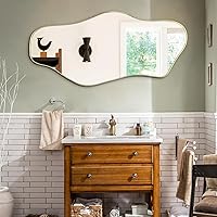 Vista 2 de Espejo irregular, 47.2 x 21.6 pulgadas, asimétricos sin marco, espejo de pared abstracto dorado, espejos modernos de forma única para sala de estar