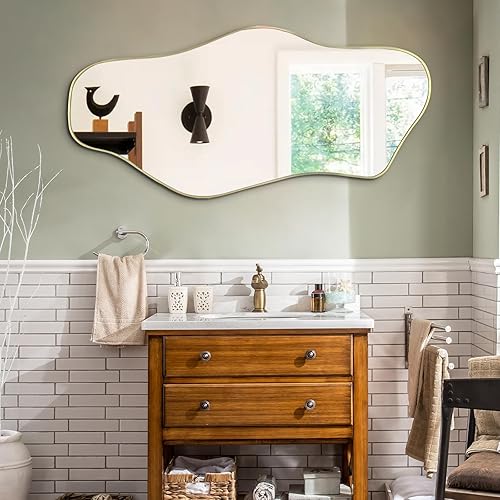 Miniatura 2 de Espejo irregular, 47.2 x 21.6 pulgadas, asimétricos sin marco, espejo de pared abstracto dorado, espejos modernos de forma única para sala de estar,