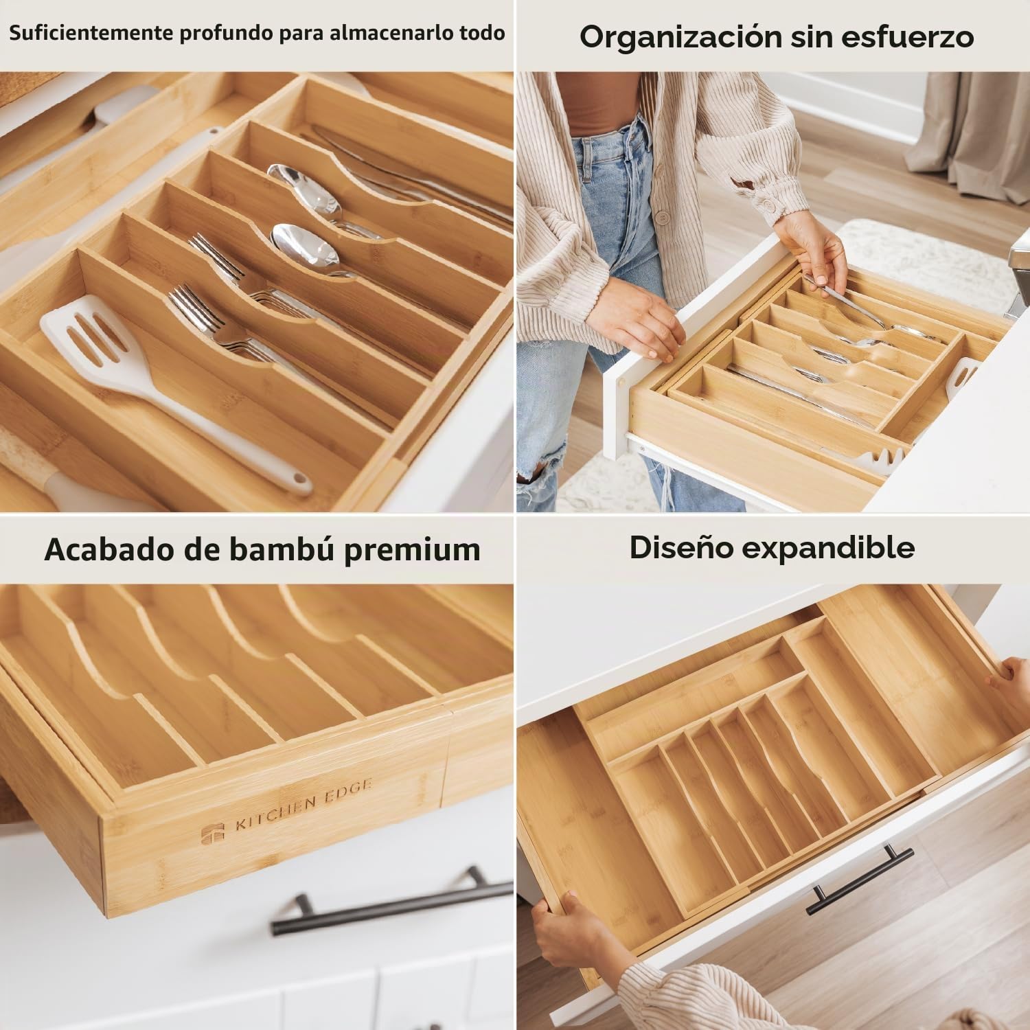 KitchenEdge Bandeja de cubiertos y organizador de utensilios para cajones de cocina, ampliable hasta 84 cm de ancho, 11 compartimentos, 100% bambú