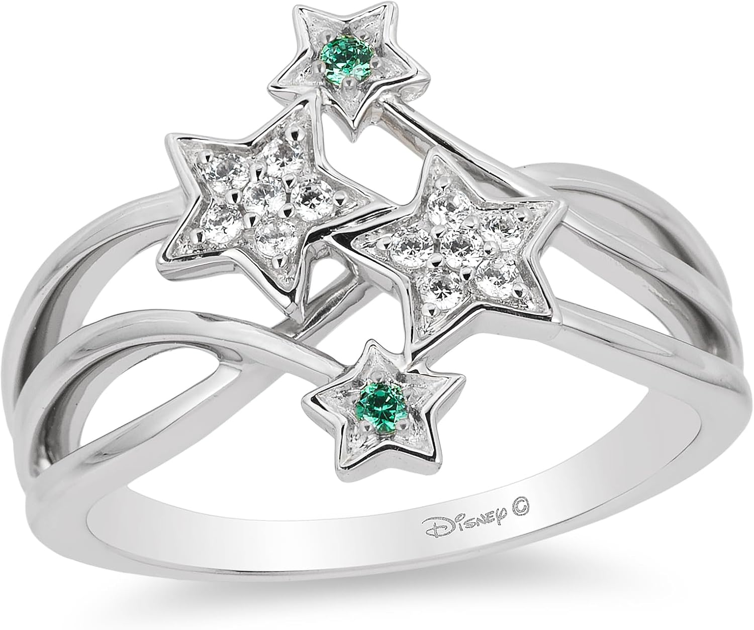 Jewelili Enchanted Disney Fine Jewelry Sterling Silver 1/10 Cttw Diamond and Green Tourmaline Tinker Bell Star Ring