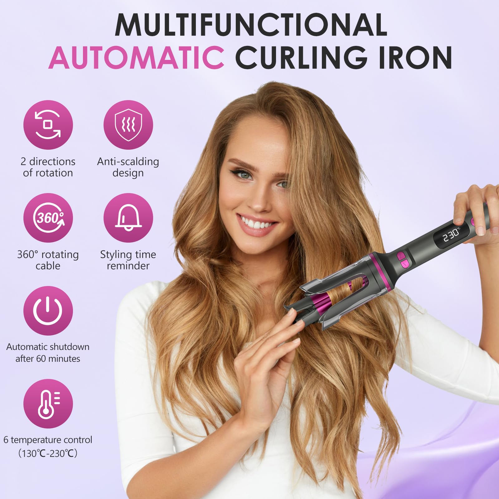 Rizador de Pelo Automatico, Rizador Pelo Ondas con 6 Niveles de Temperatura Ajustables 130-230°C, Recubrimiento Cerámico, Diseño Antiquemaduras, Fácil de Usar (Morado)