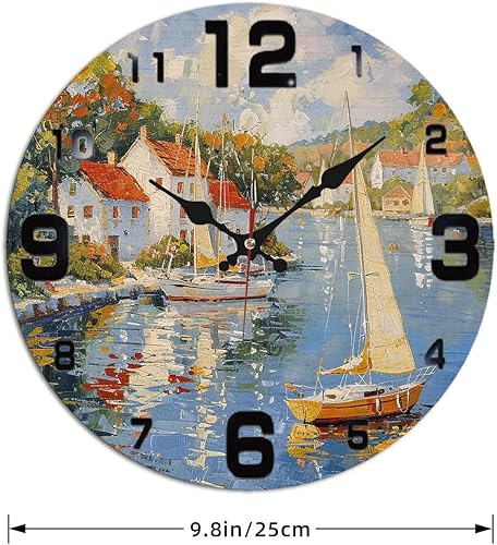 Miniatura 4 de Coastal Harbor Painting Wooden Wall Clock with Nautical Scene 25x25cm