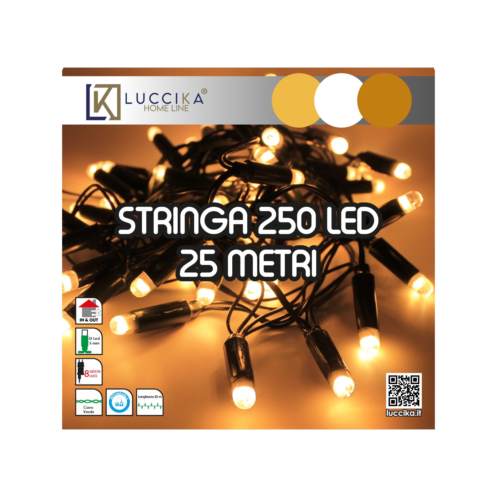 Luccika Stringa di Luci Maxi LED Smart con APP, Catena Luminosa Dimmerabile in 3 Tonalità di bianco caldo, Giochi di Luce con Musica, Timer, Memoria, IP44, Interno Esterno (25 Metri - 250 Maxi Led)