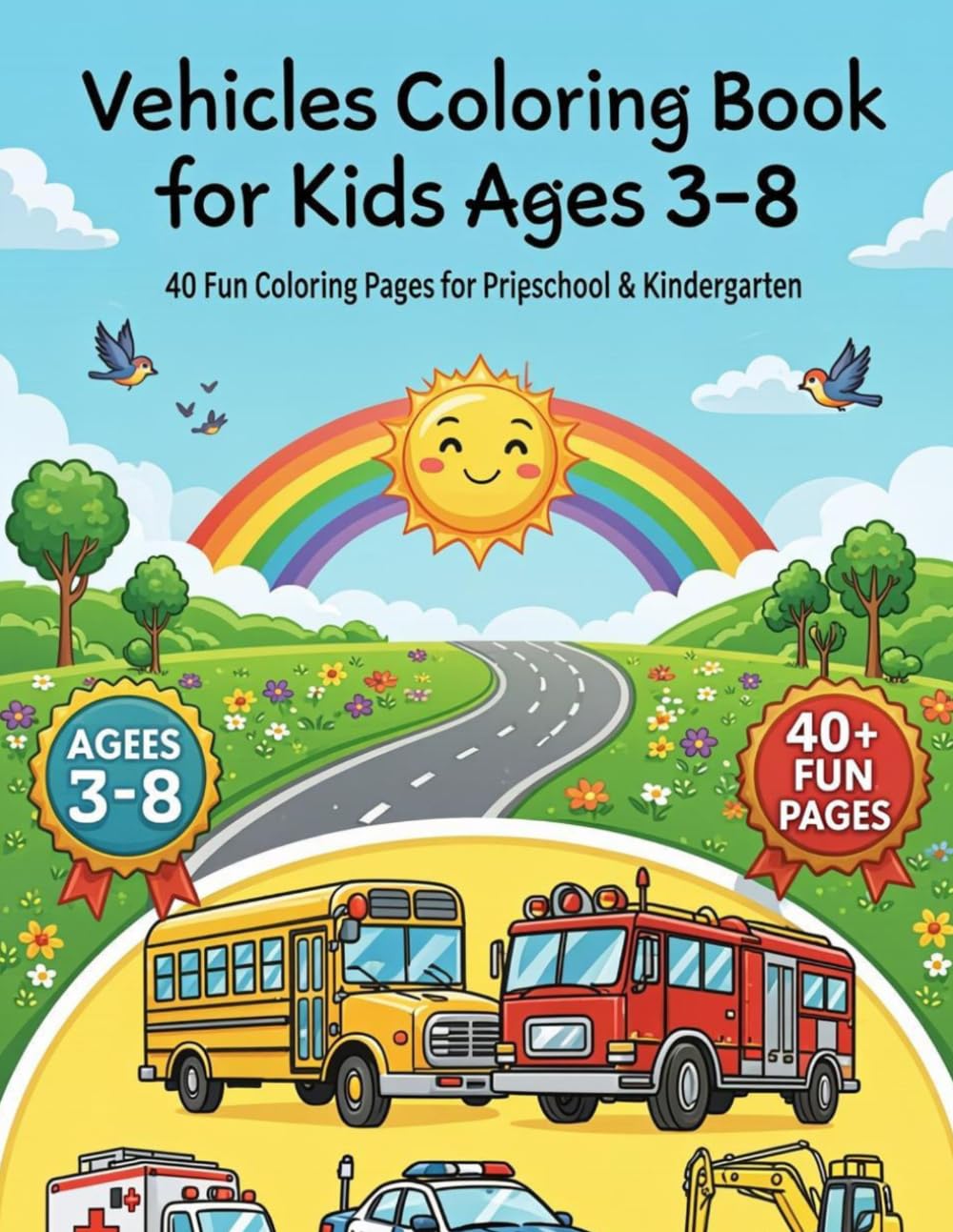 Vehicles Coloring Book for Kids Ages 3–8: 40 Fun and Easy Vehicle Coloring Pages Featuring Cars, Trucks, Trains, Airplanes, Boats, Construction Vehicles, and More for Preschool & Kindergarten