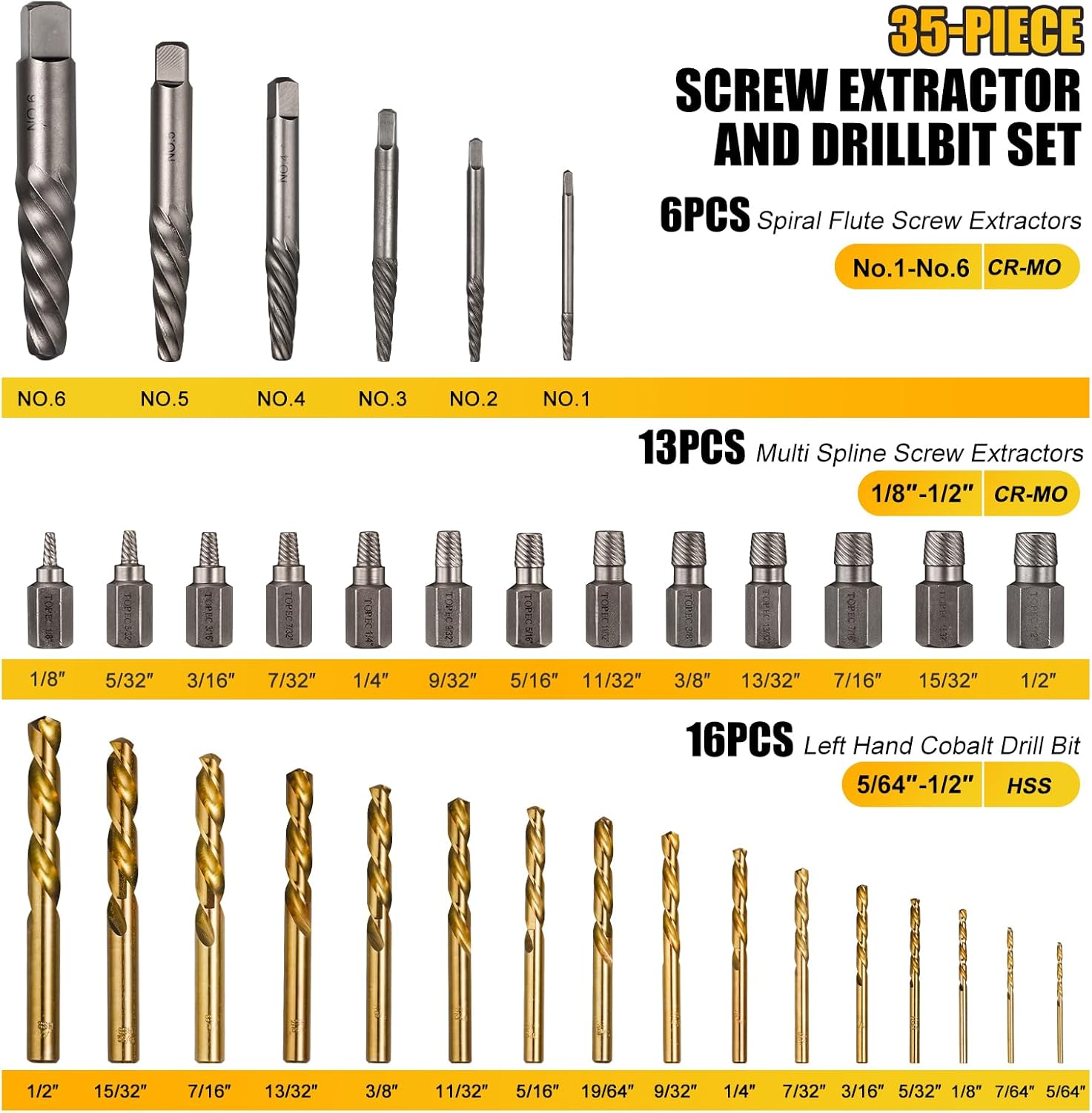 Topec 35-Piece Screw Extractor and Left Hand Drill Bits Set, Easy Out Screw Extractor Set with Reverse Drill Bits, Multi-Spline Extractors for Removing Broken Bolts and Stripped Screws