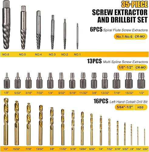 Miniatura 2 de Topec Juego de 35 extractores de tornillos y brocas para mano izquierda, juego de extractores de tornillos fáciles de sacar con brocas inversas,