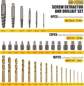 Topec 35-Piece Screw Extractor and Left Hand Drill Bits Set, Easy Out Screw Extractor Set with Reverse Drill Bits, Multi-Spline Extractors for Removing Broken Bolts and Stripped Screws
