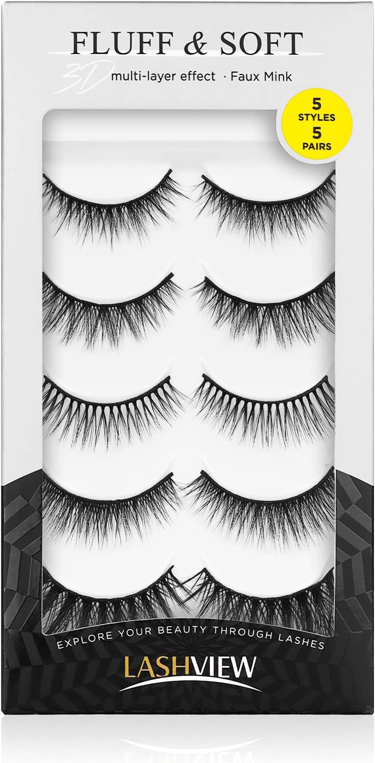 LASHVIEW False Eyelash ,3D Fake Eyelash Easy to Apply Reusable Lightweight Soft Eyelashes Wispy Long False Lashes 5 Pairs Lashes(HX503)