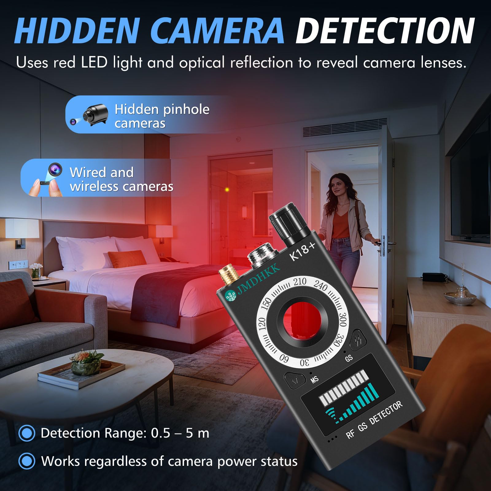 JMDHKK K18+ Detector de Cámaras Ocultas, Micrófonos, Campo Magnético y Dispositivos de Escucha (Negro)