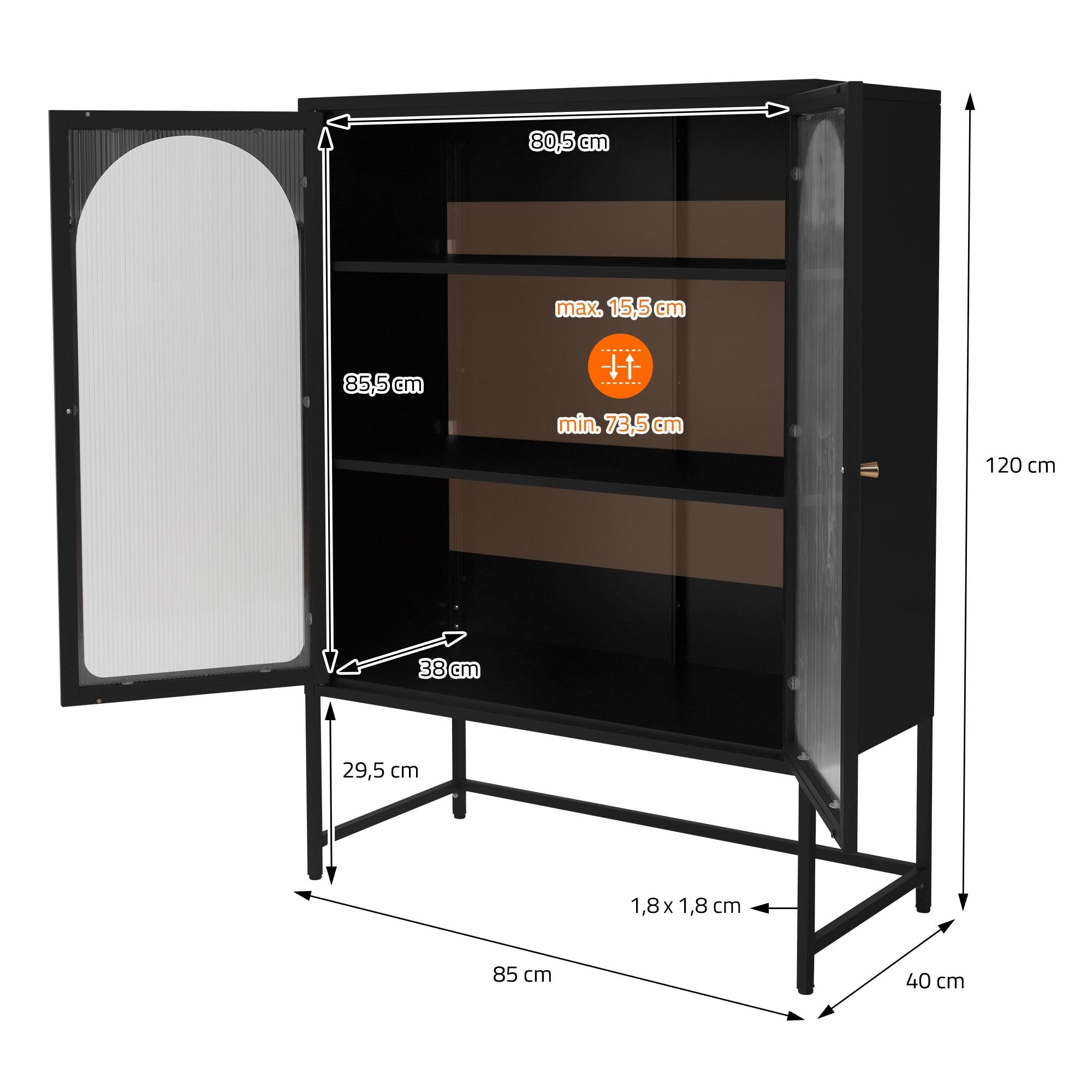 ML-Design Vetrina 85x120x40 cm Nera – Armadio con 3 Ripiani e 2 Ante con Chiusura Magnetica – Mobile in Acciaio Stile Industriale per Soggiorno Libreria Archivio Ufficio