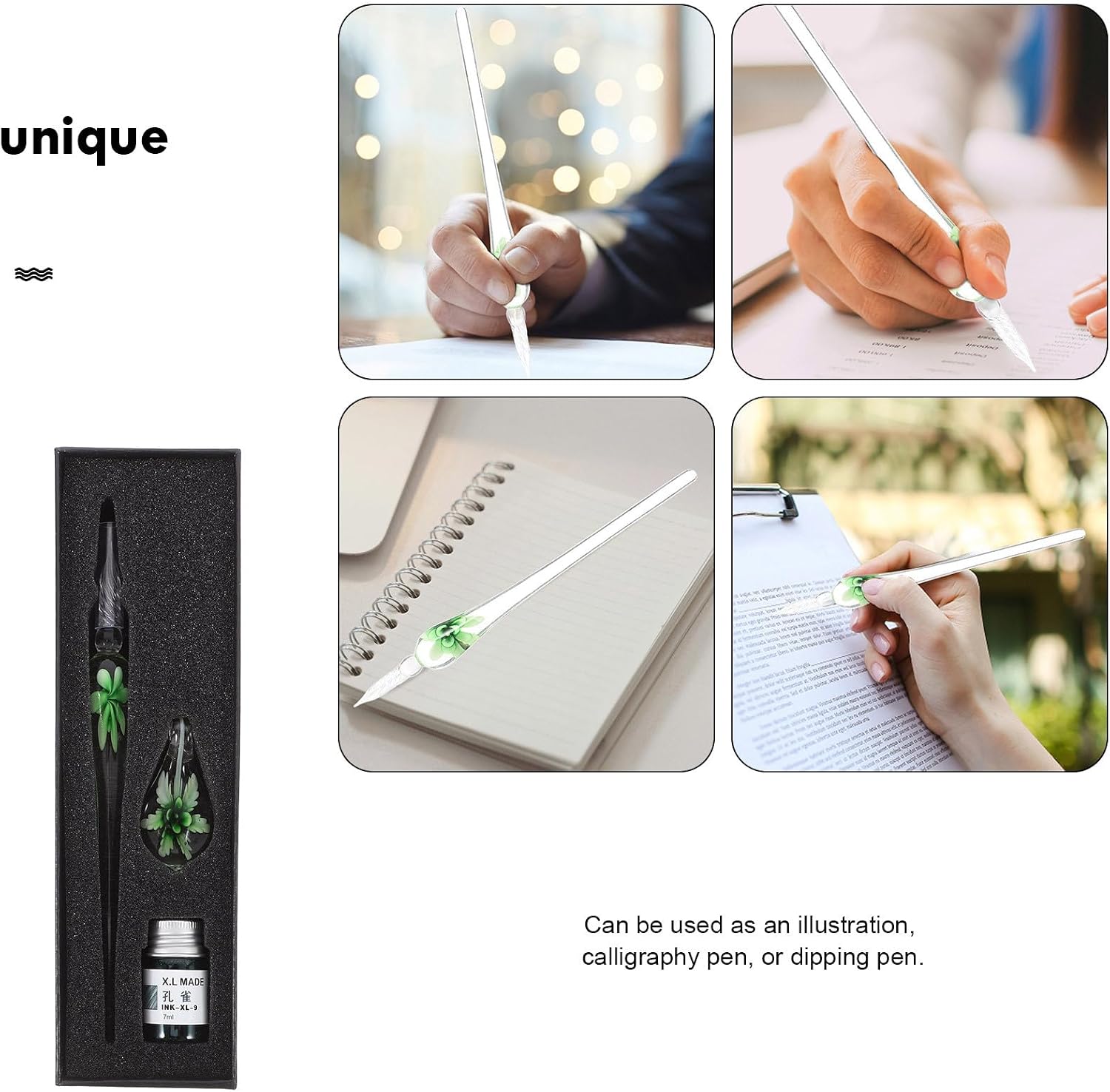 SHINEOFI Glass Dip Pen Calligraphy Set with Floral Inlay Green Box, Vintage Glass Ink Pen for Beginners, Decorative Writing and Drawing Supplies for Office and Crafts image 3