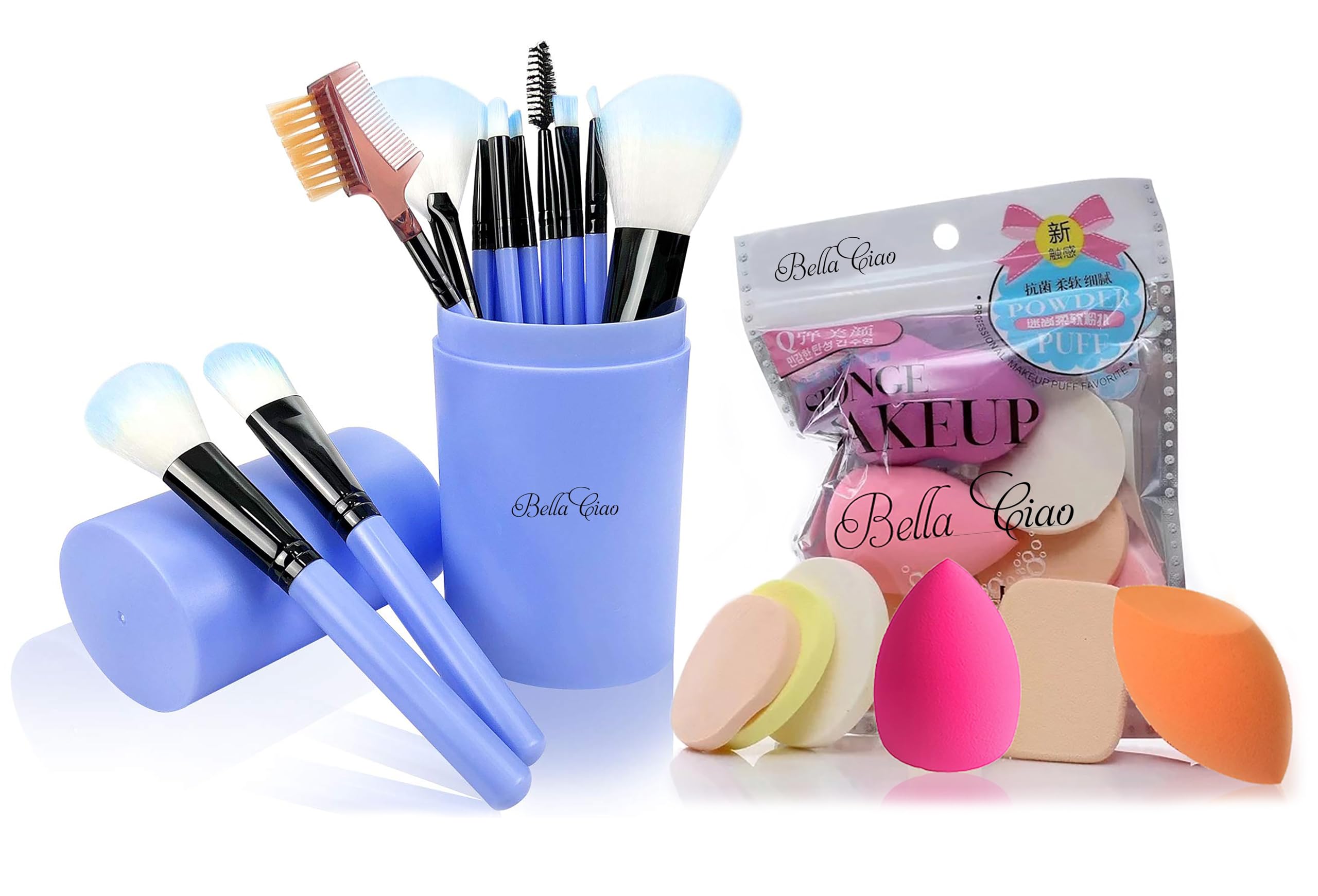 Bella Ciao Professional 12 Piece Face and Eye Makeup Brush Set With Storage Barrel With 6 in 1 Makeup Sponge Puff Pack - Soft (Pack of 18) (Blue)-picture-26