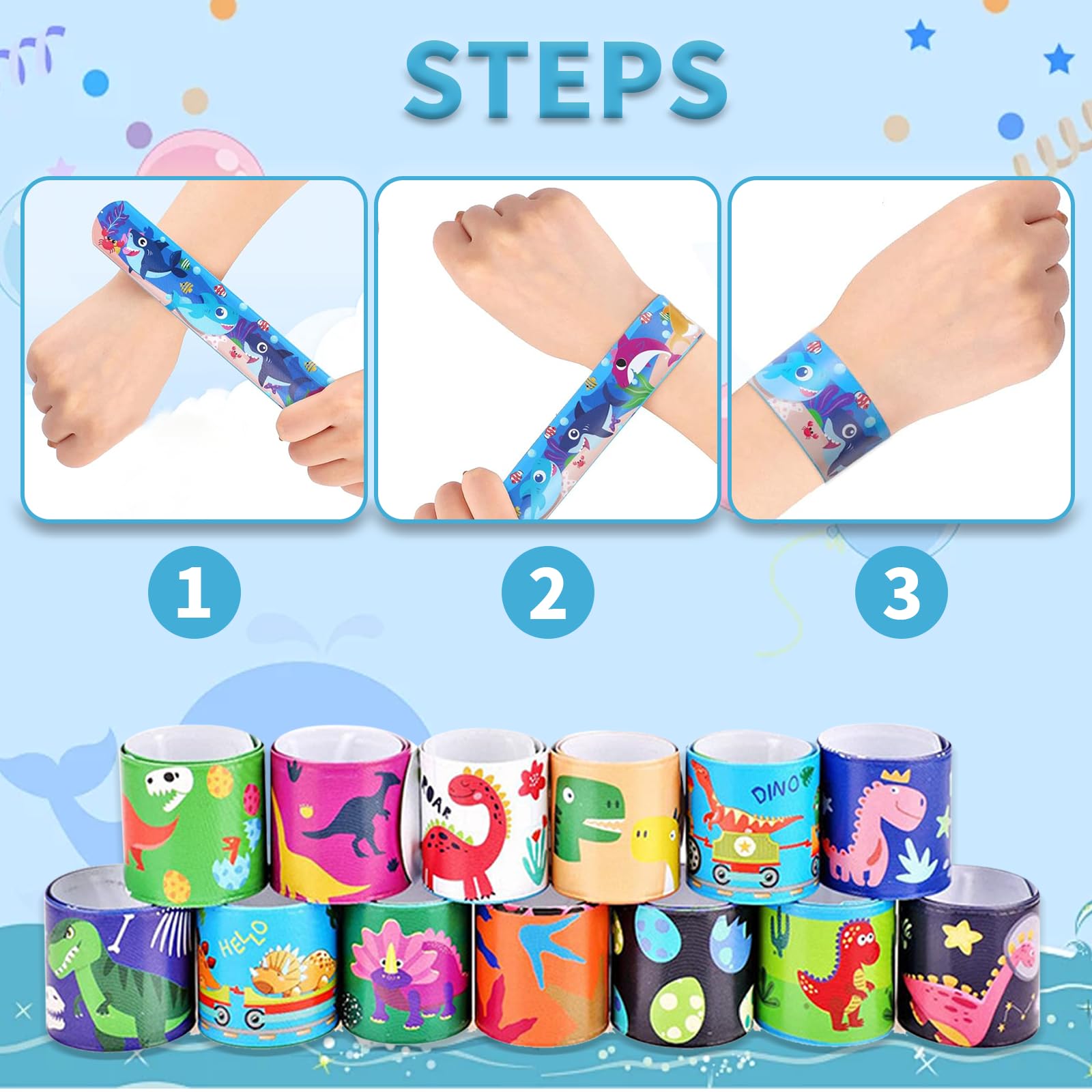 Slap Bracelet 40 pcs Motifs Animaux Forestiers Marins Dinosaures Bandes Cadeaux Anniversaire Jouets Garçons Filles