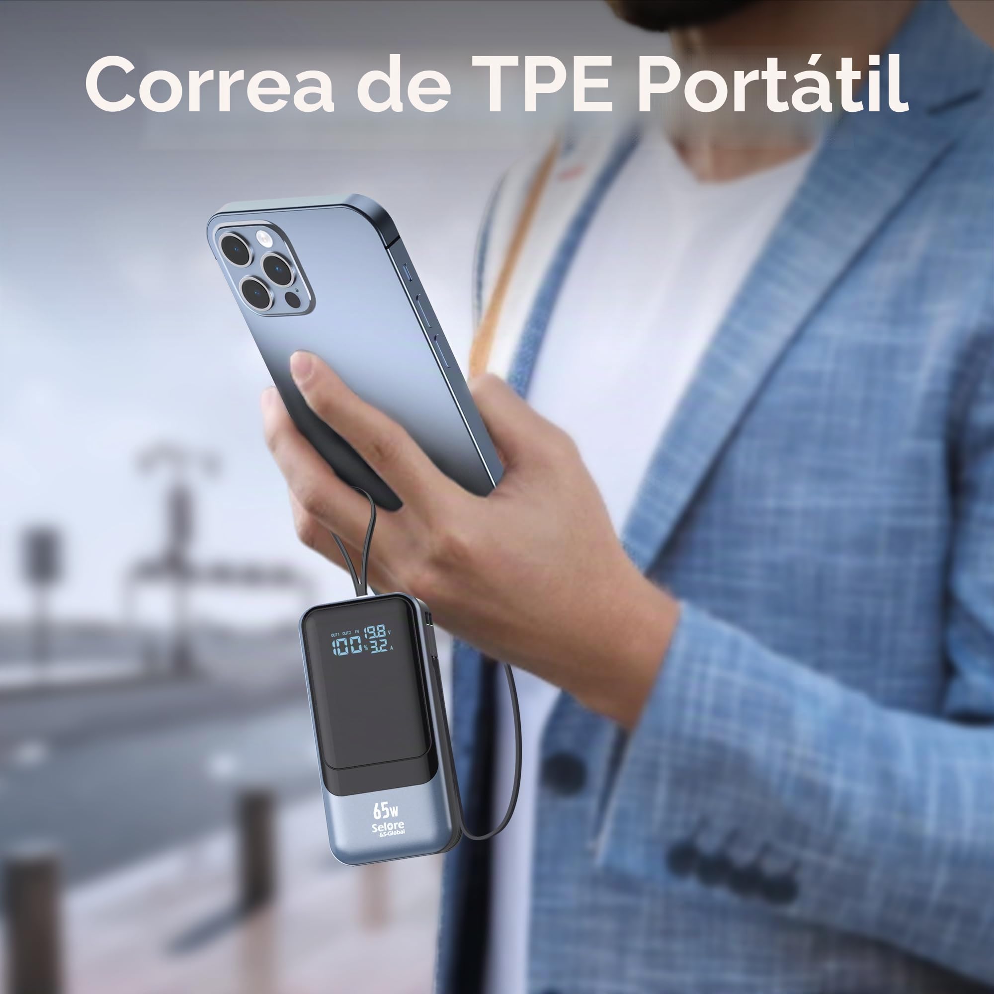 Selore&S-Global Power Bank, 65W Bateria Externa Carga Rapida, USB C Cargador Portátil con Cable Integrado, 4 Outputs, Powerbank Compatible con iPhone 17 16 15 14 13 Samsung iPad MacBook Pro Laptop
