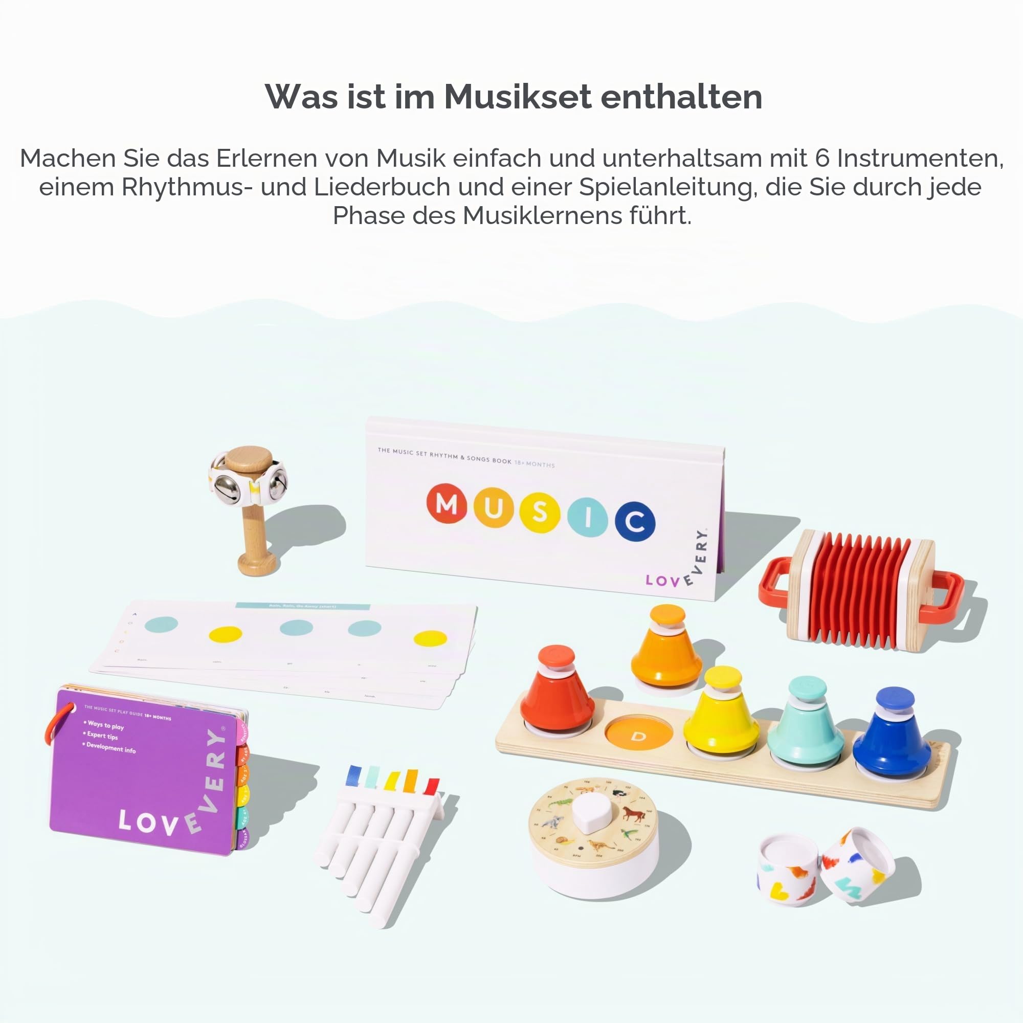 Lovevery The Music Set, Mehrfarbig/Meereswellen (Ocean Tides), Medium, 6 Musikinstrumente, Buch mit Rhythmen und Liedern
