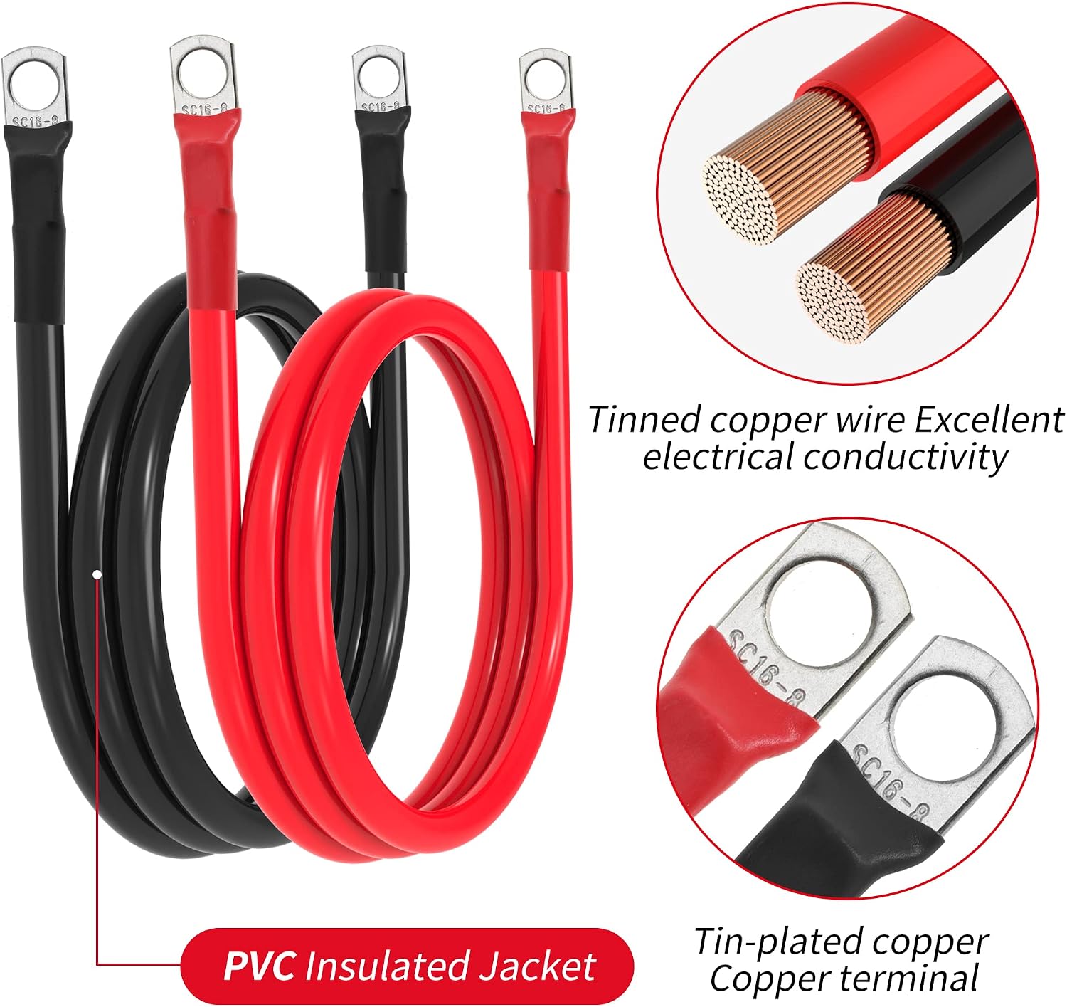 6 AWG Battery Cable 6 Gauge Battery Wires with 5/16 terminals Power Inverter Cables for Solar Boat Marine RV Car (3FT, 1 red +1 black cable)