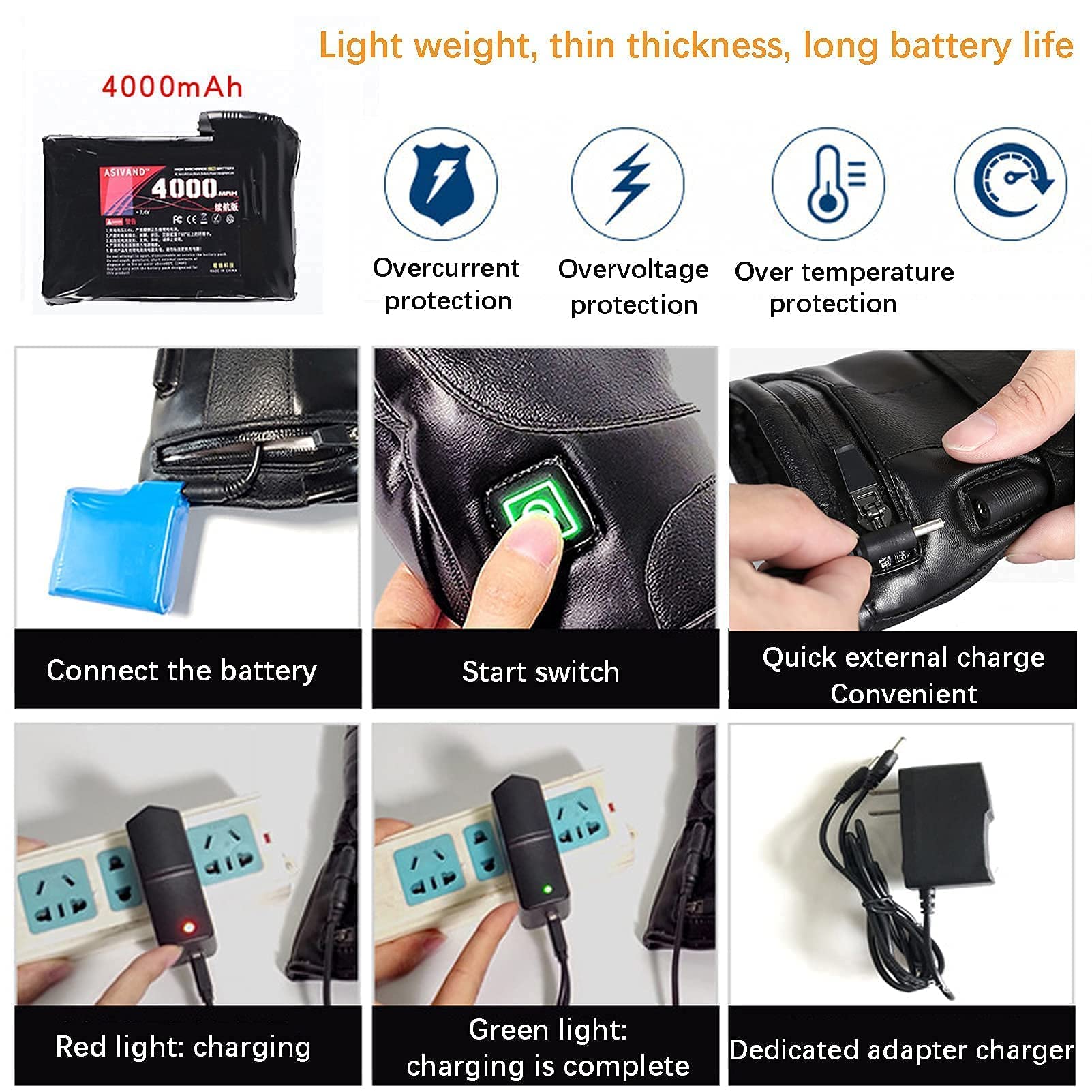 Guantes térmicos, 7.4V 4000mAh Batería Recargable Guantes térmicos eléctricos para Hombres Mujeres Guantes térmicos para Motocicleta Pantalla táctil Impermeable para Deportes Esquí