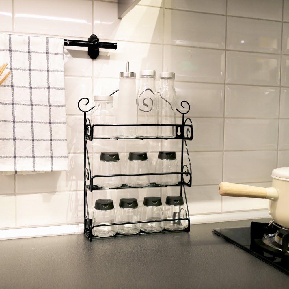 EZOWare 3 Tier Wall Mounted Spice Rack, Herb Jars Bottle Holder Storage Organizer Free Standing Metal Wire Shelf for Kitchen, Pantry, Cabinet, Countertop - Black