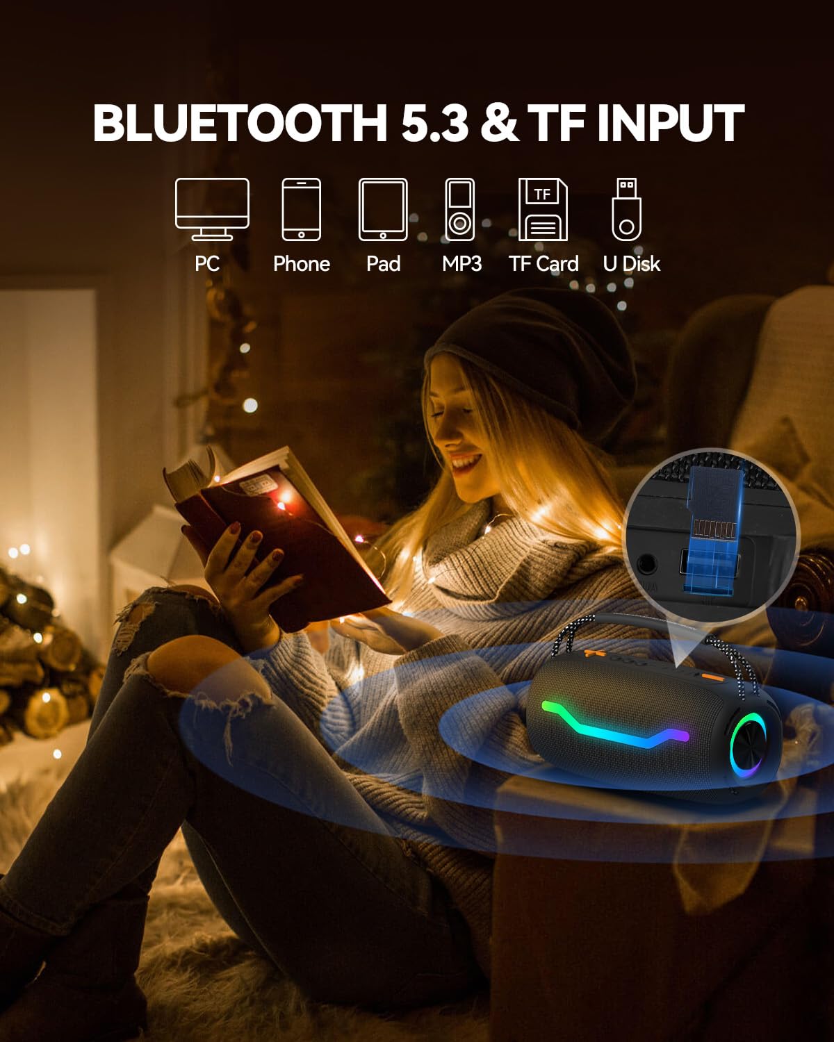 Tragbarer Bluetooth-Lautsprecher mit Licht, wasserdichte Karaoke-Maschine für Erwachsene und Kinder, lauter Klang und tiefer Bass, bis zu 8 Stunden Spielzeit, unterstützt Bluetooth/AUX/USB für