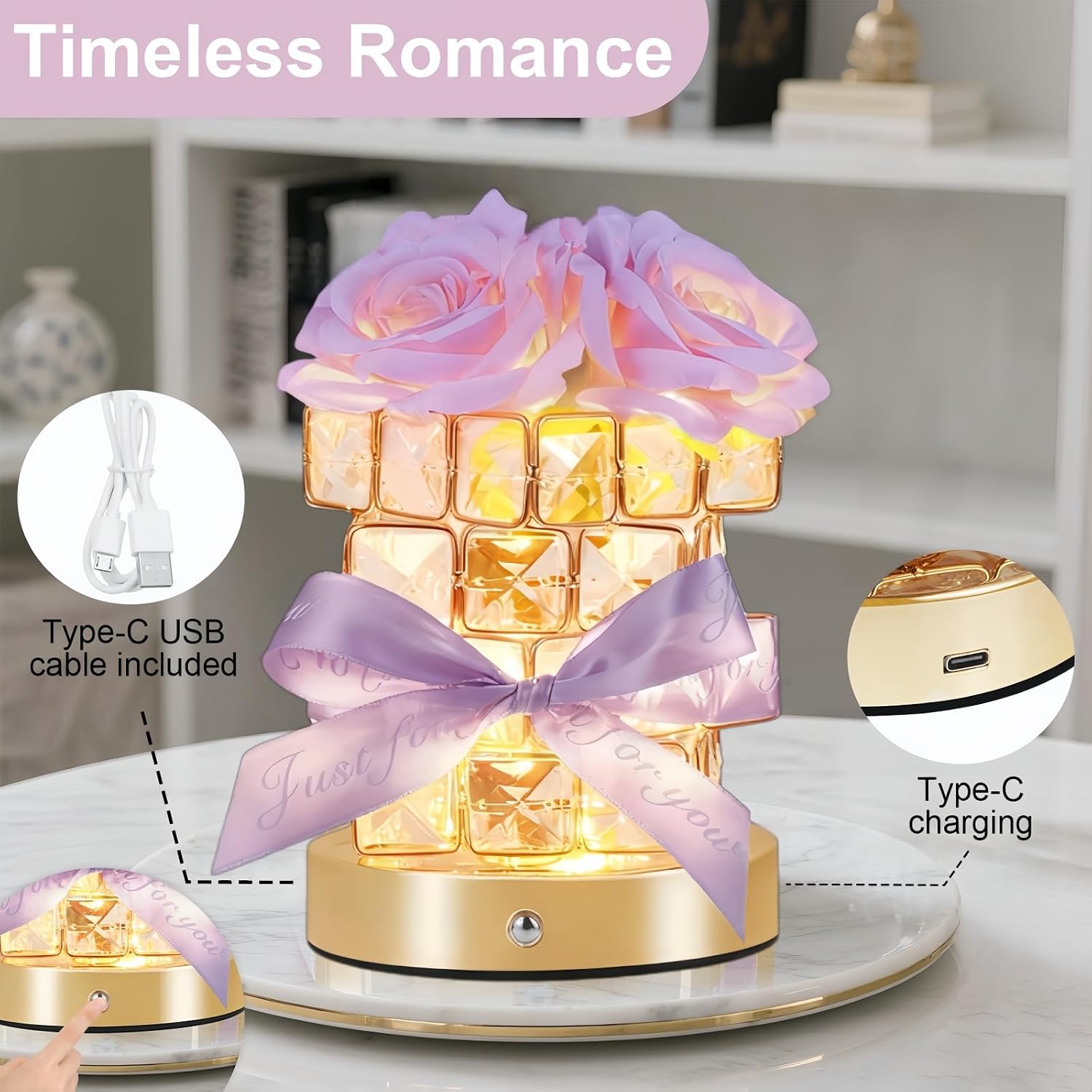Romantic Crystal Rose Lamp - 3 Color Changing Touch Night Light, USB Powered Elegant Purple Flower Decor with Crystal Base, Gift for Women Her, Wife, Girlfriend, Mom (Valentines Birthday)