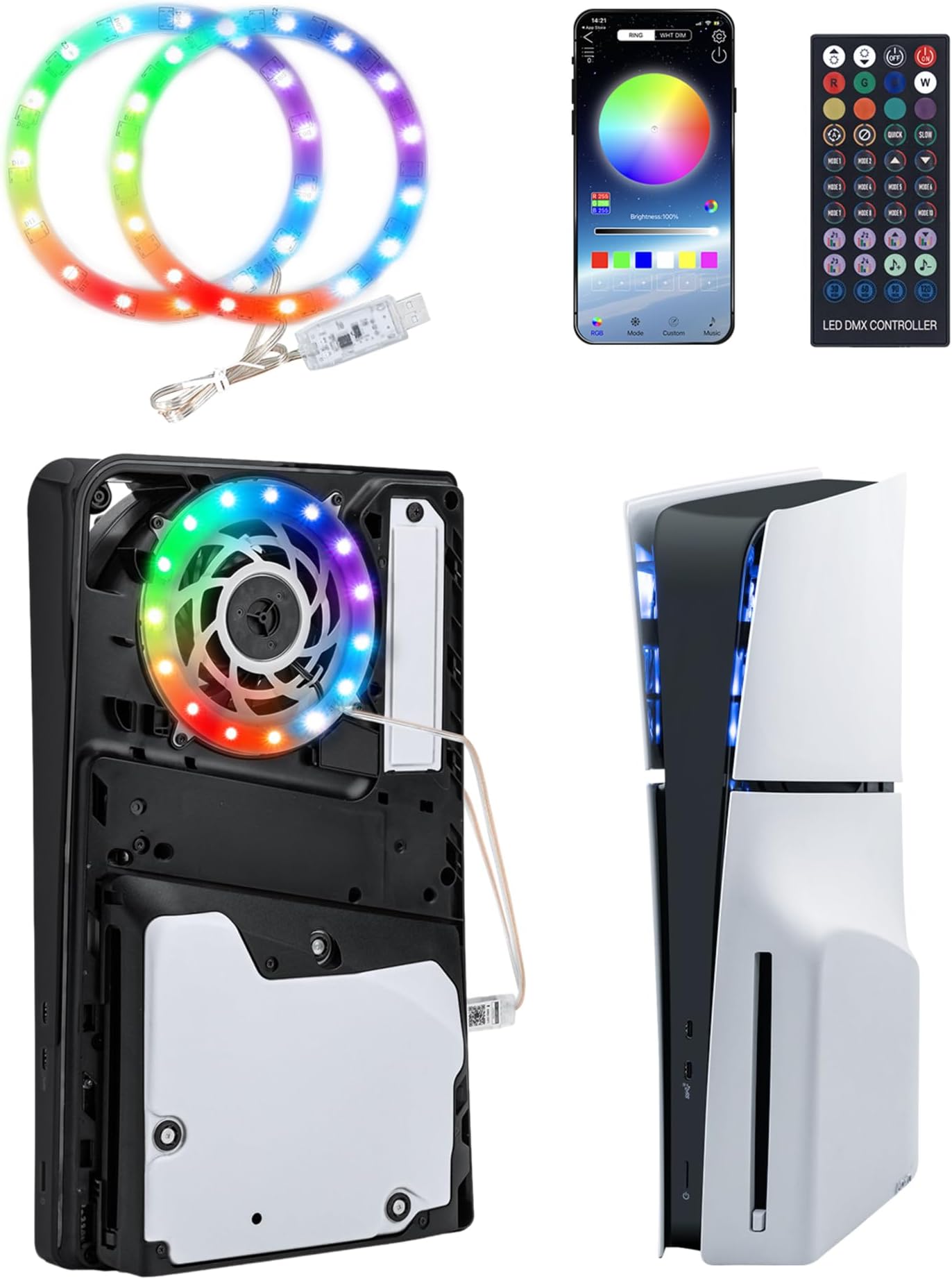 Mcbazel RGB LED Light Strip for PS5/PS5 Slim /PS5 PRO Console, IR Remote/APP/USB 3 Control Methods, 8 Colors 400+ Effects RGB Ring LED Lights Kit Accessories Compatible withPS5/PS5 Slim Console