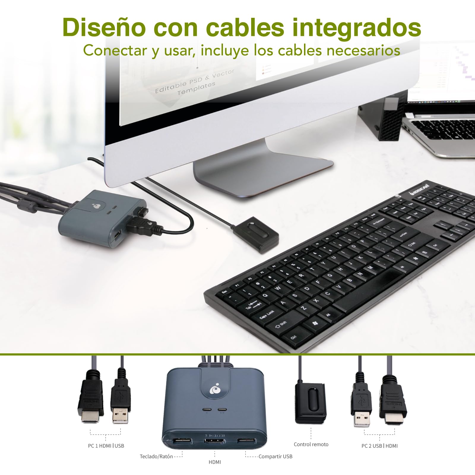 IOGEAR KVM Switch Conmutador HDMI 2 PC 1 Monitor 1080@60Hz Full HD para ratón Teclado Impresora con Cables USB HDMI y Control Remoto Plug and Play Compatible con Windows, Mac y Linux