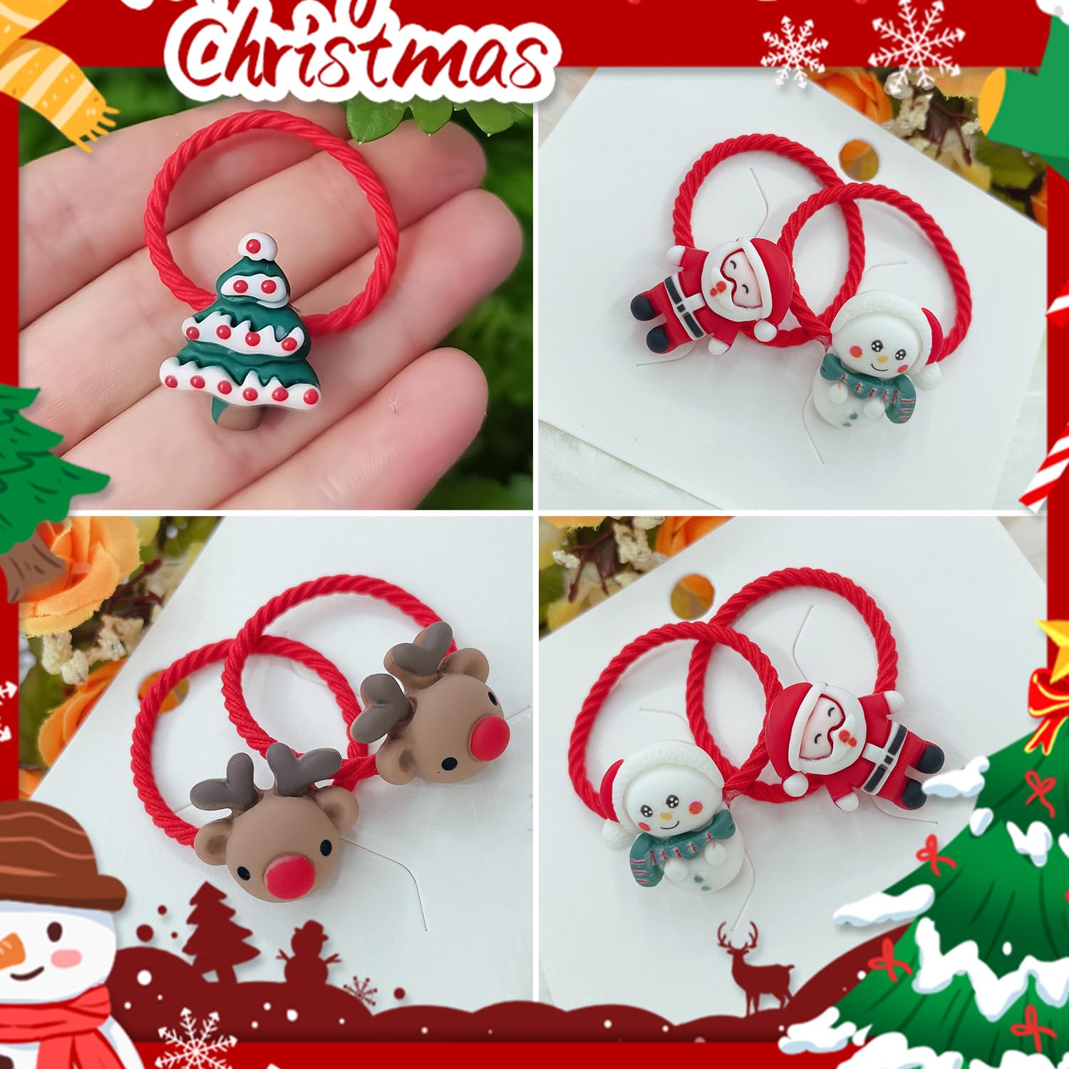AOVNA 20pcs Christmas Hair Ribbons for Girls - Kid's Xmas Headdress with Elastic Ties for Triple Ponytails - Image 3