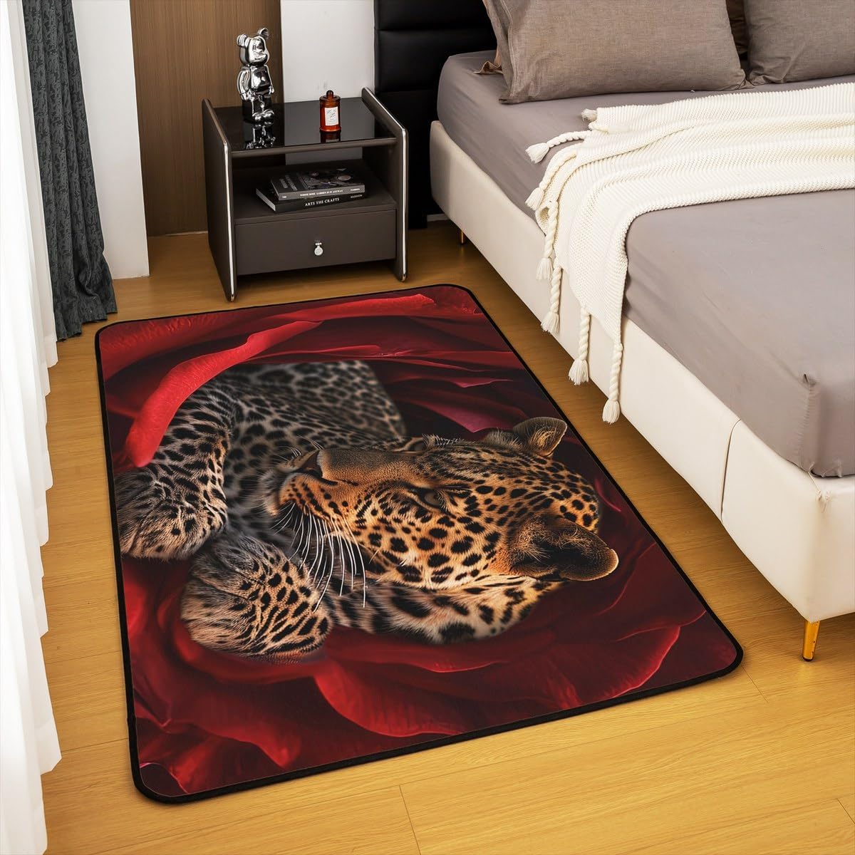 3D Leopard Carpet 5x7,Cheetah Indoor Floor Mat,Leopard Print Rose Area Rug,Wild Animal Decorative Accent Rug for Bedside Classroom for Adults Men Women，Black Red Non Shedding
