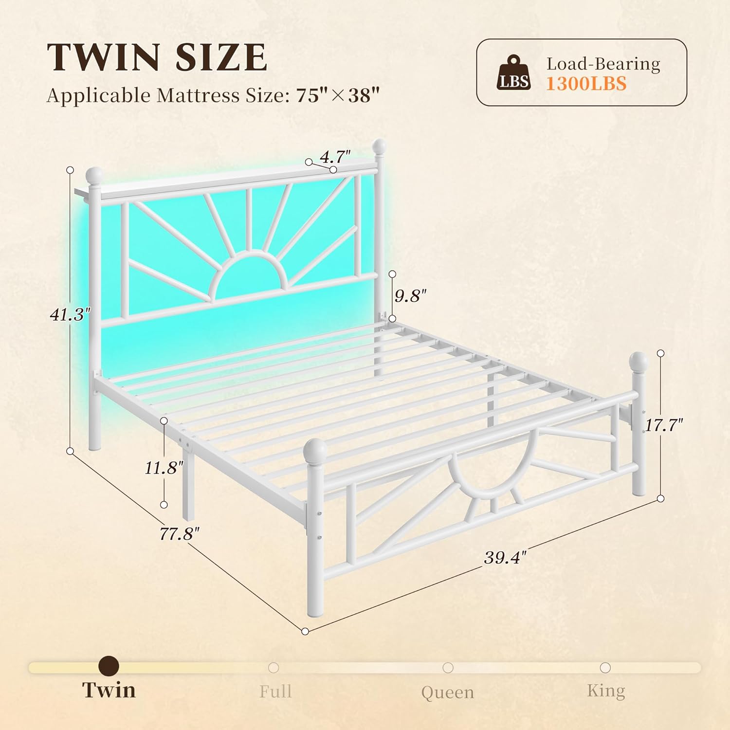Metal Twin Bed Frames with Headboard and Footboard, Twin Bed Frame with LED Light, Mattress Foundation with Under Bed Storage/No Box Spring Needed/Noise-Free/Easy Assembly, White