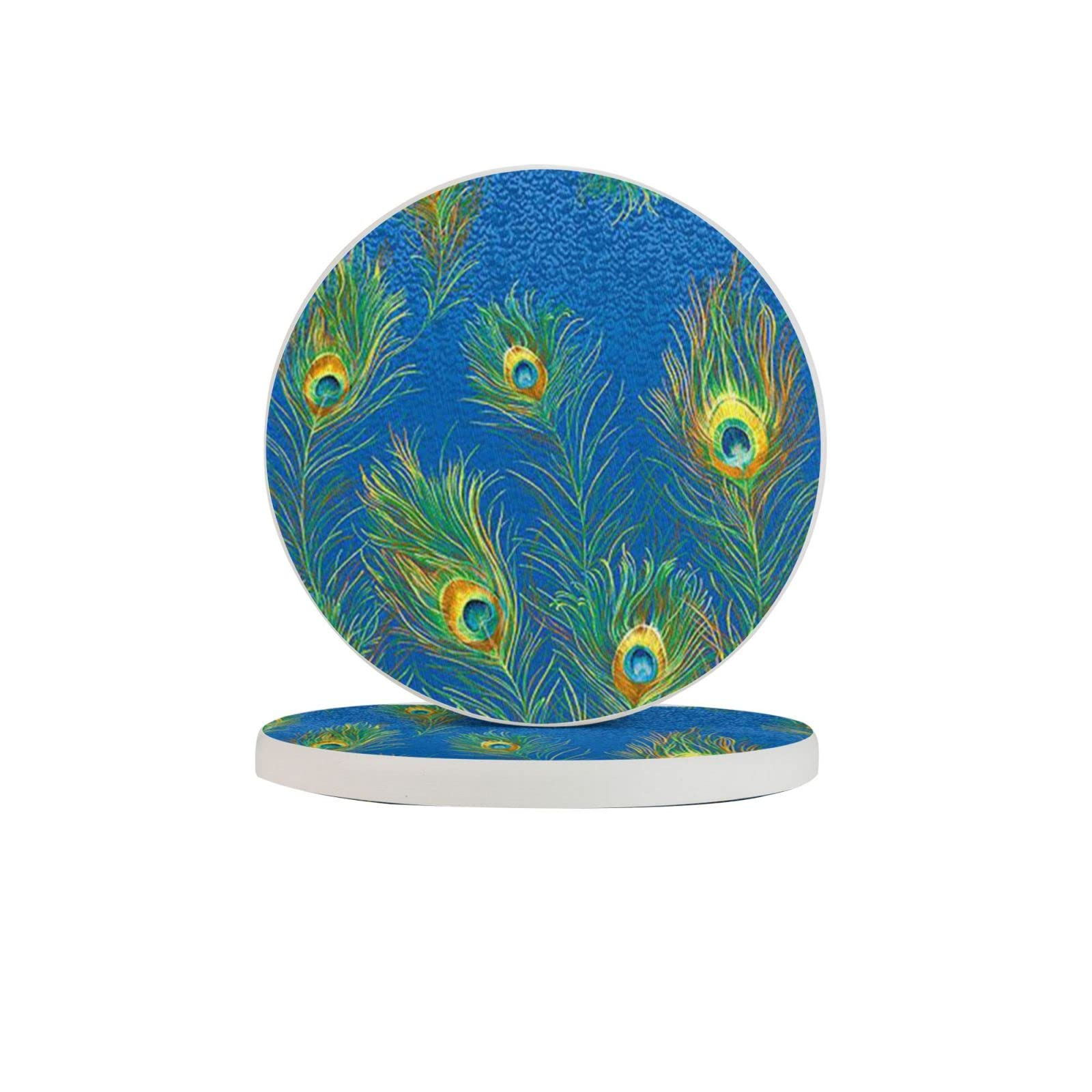 Peacock Feather Pattern Two Pieces Drink Coaster for Tabletop Protection Place Mats for Home Decor