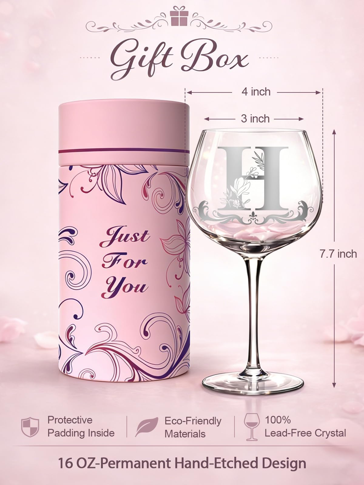 Regalos de monograma personalizados para mujeres, copa de vino personalizada con inicial A-Z, regalos únicos de cumpleaños y Navidad para ella, mamá, esposa, hermana, hija, amiga (letra H)