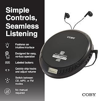 Coby Portable CD Player with Headphones, Battery-Powered CD Music Player with FM Radio and MP3 Compatibility, Shockproof and 60-Second Anti-Skip Technology, Programmable Track List, CD191ABK